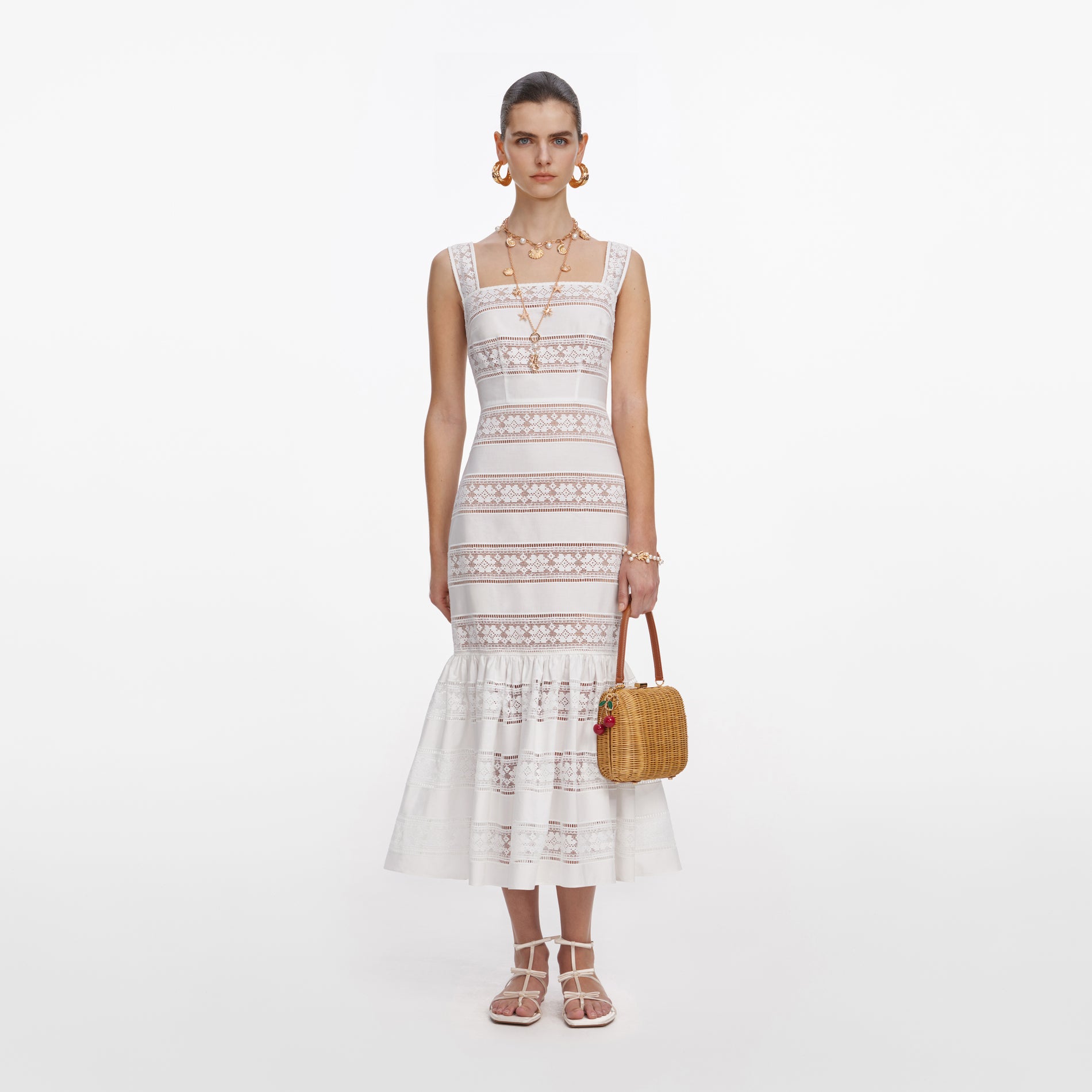 White Cotton Embroidered Midi Dress