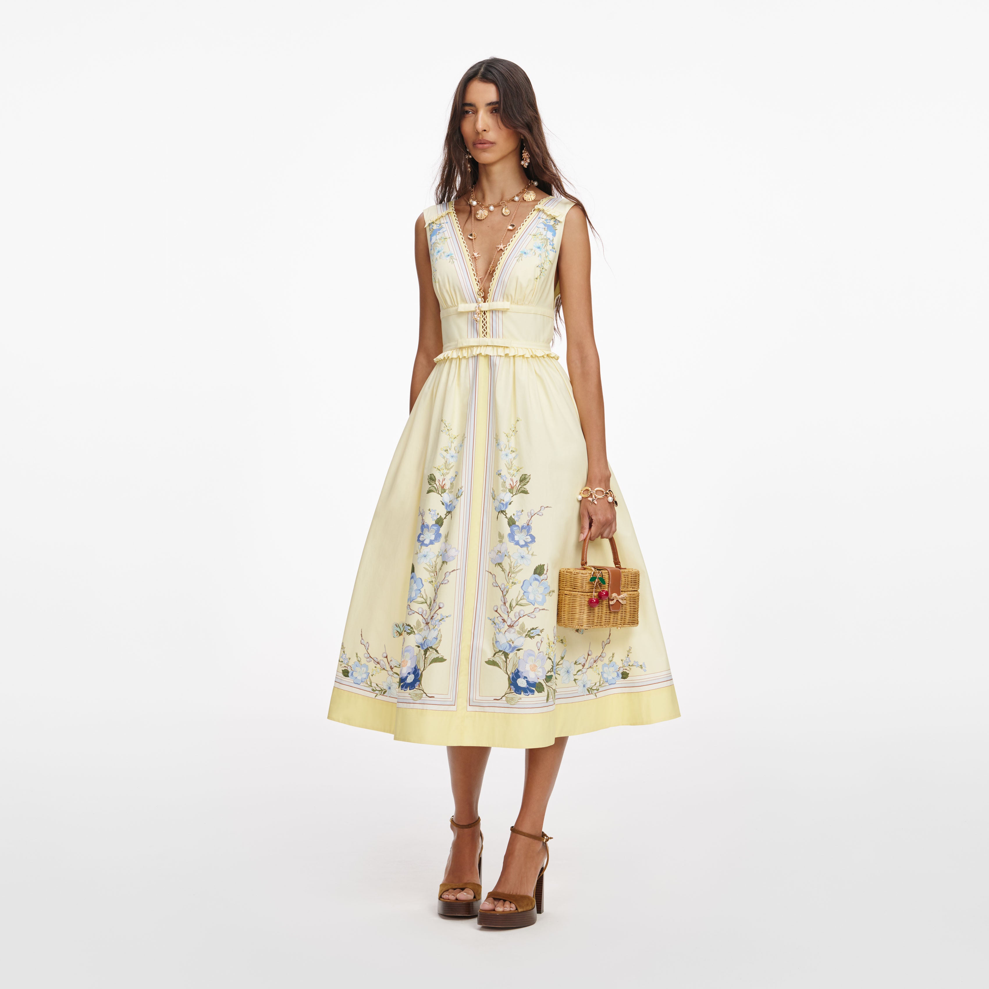 Yellow Floral Cotton Midi Dress