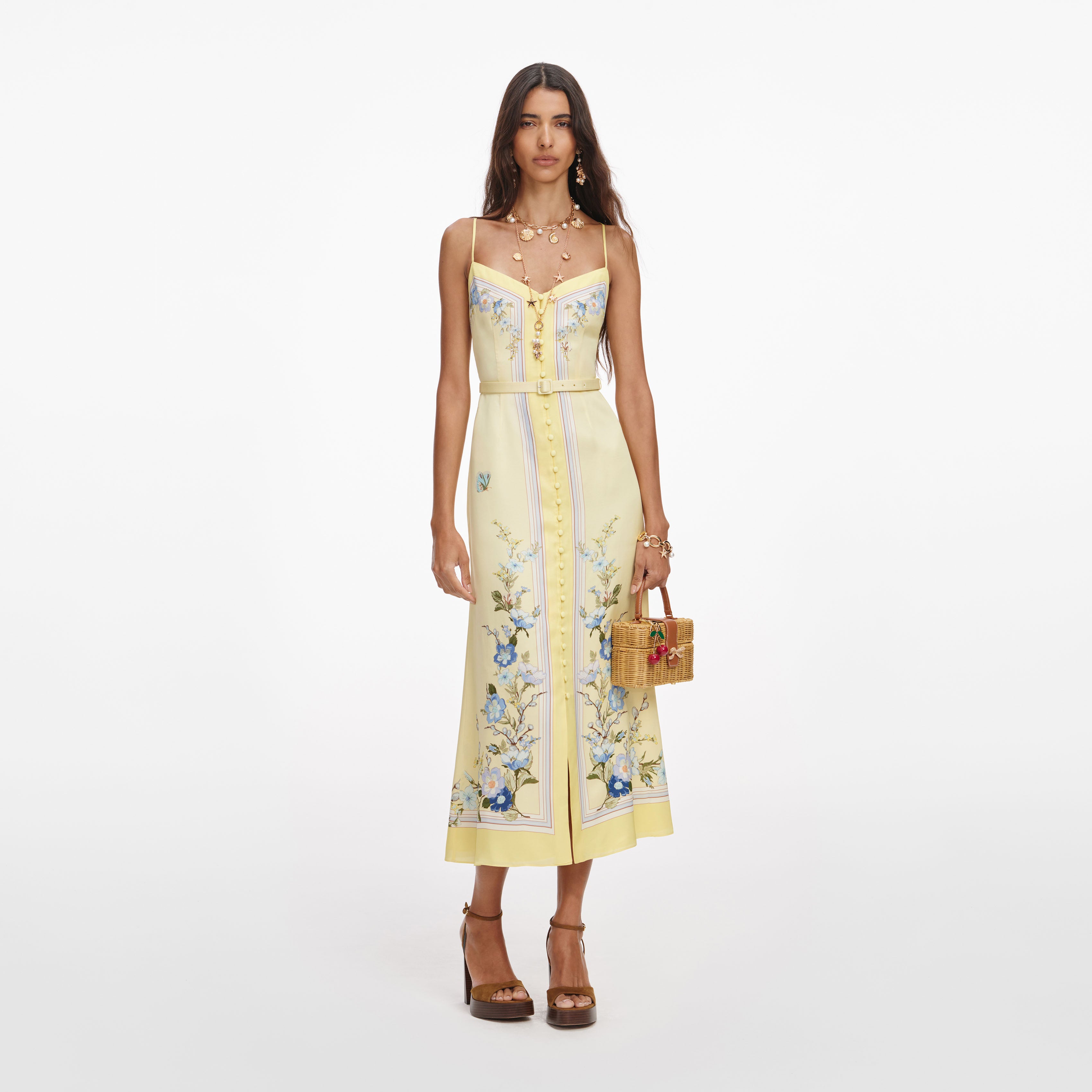 guess dresses Margaret Floral Embroidered Midi Dress Yellow | Occasion Dress in Sizes  XXS–6X