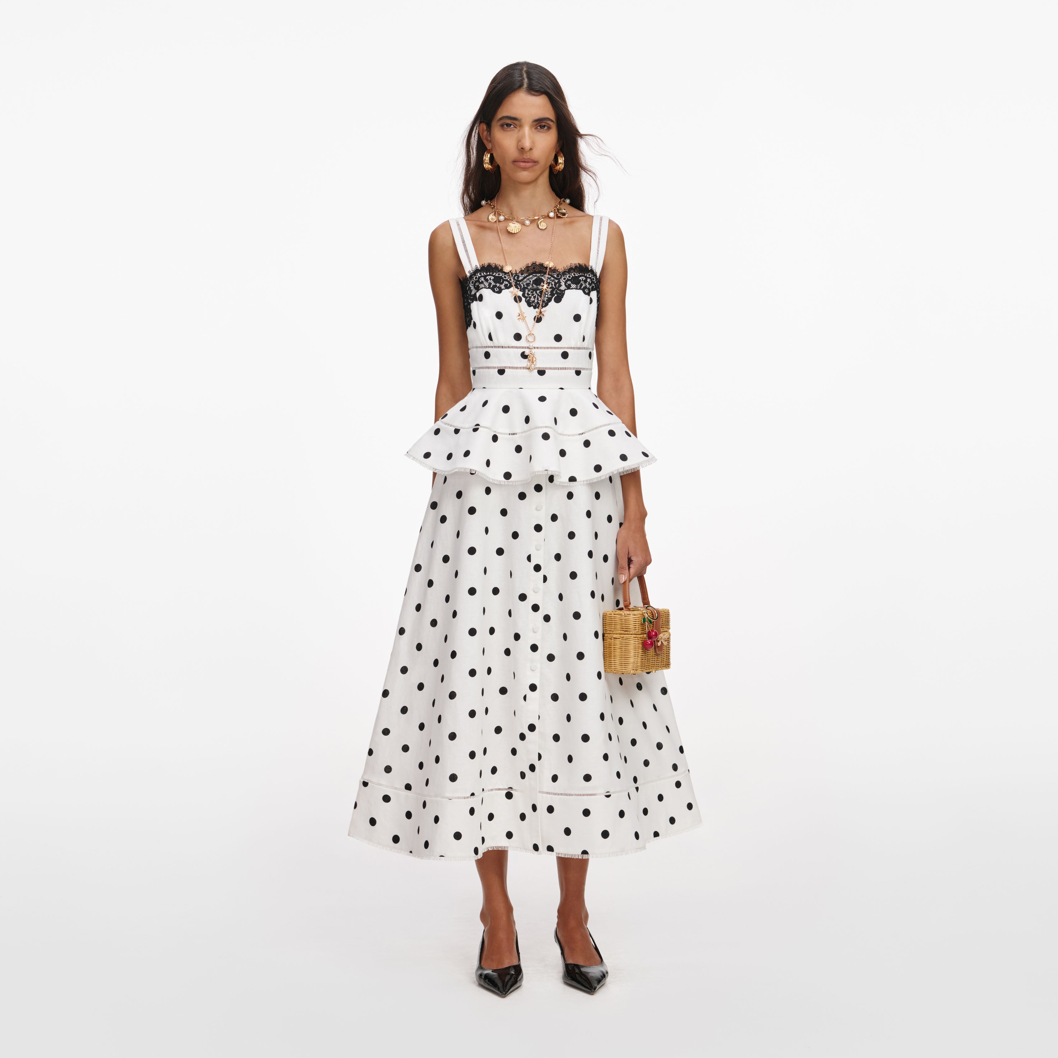 White Polka Dot Linen Midi Dress – self-portrait