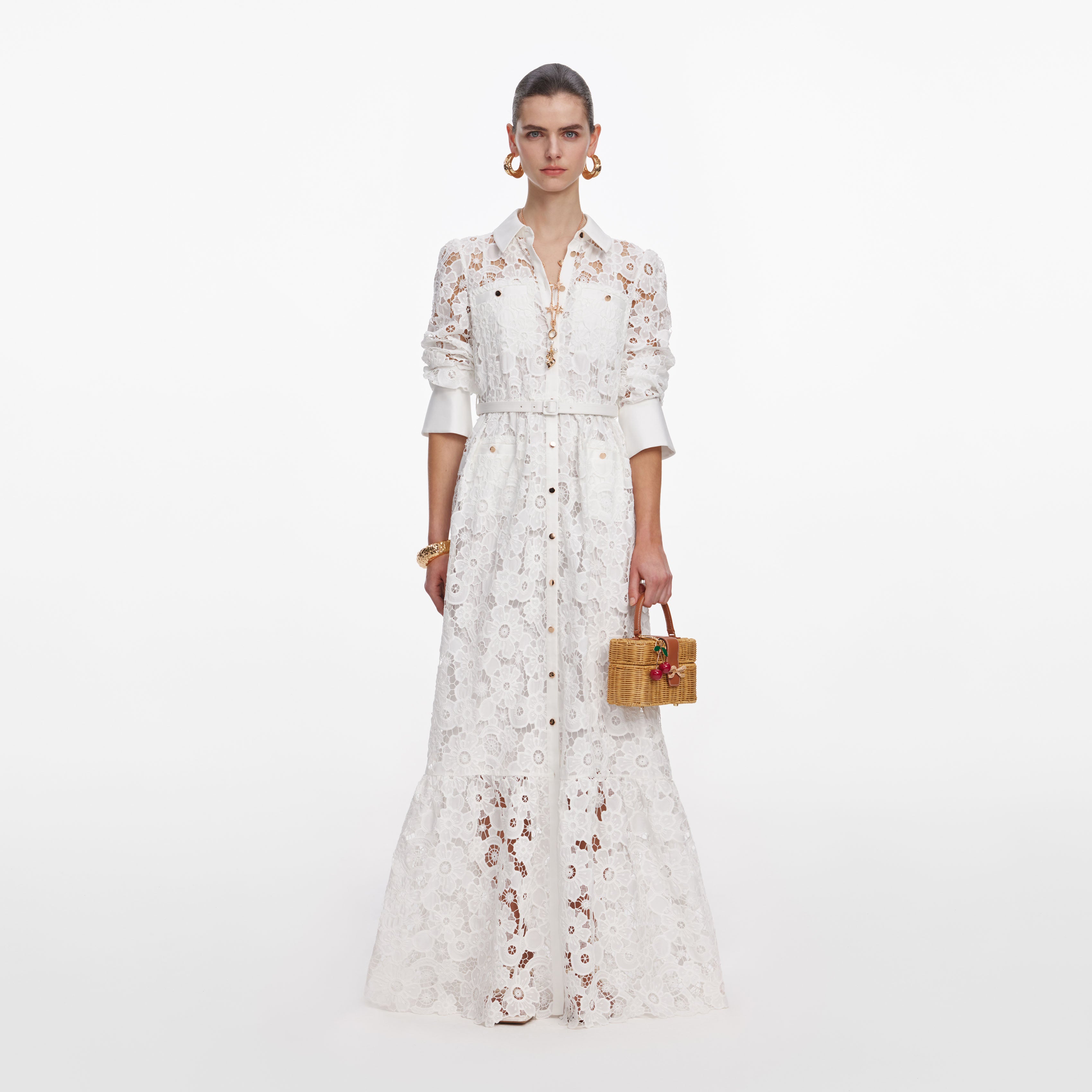 knee length dresses for ladies White Lace Collared Maxi Dress – self-portrait