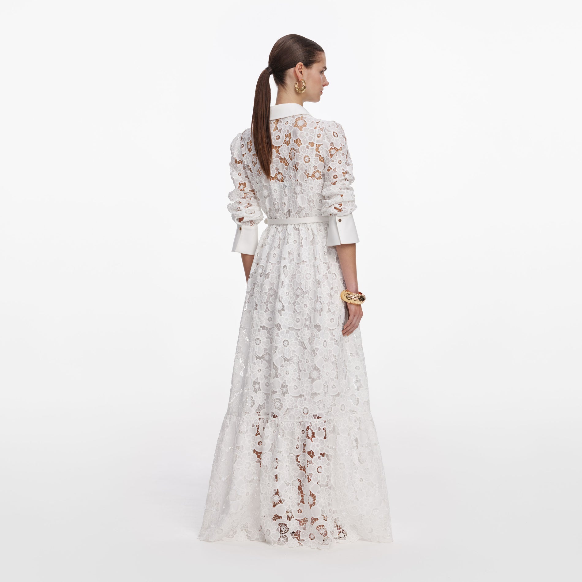 Back view of a woman wearing the White Lace Collared Maxi Dress