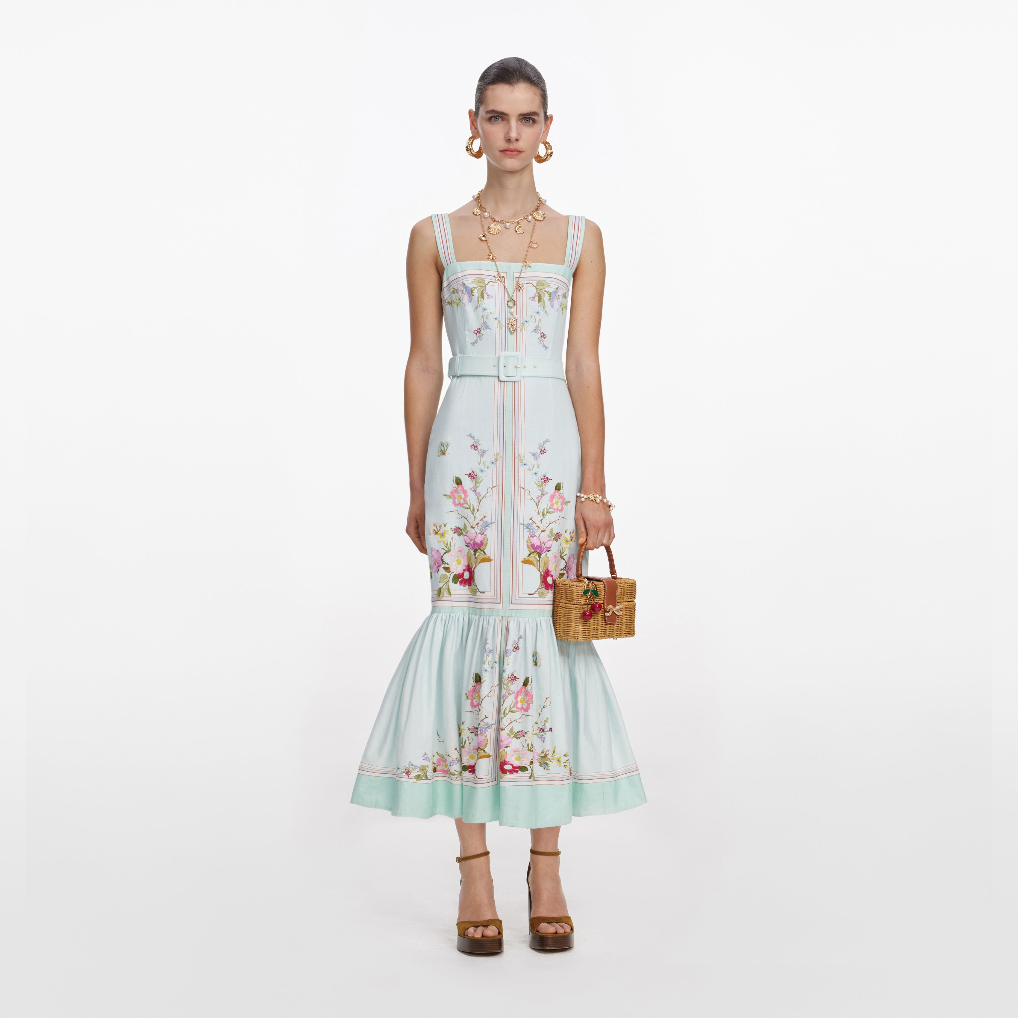 linen floral dress Mint Floral Linen Midi Dress – self-portrait