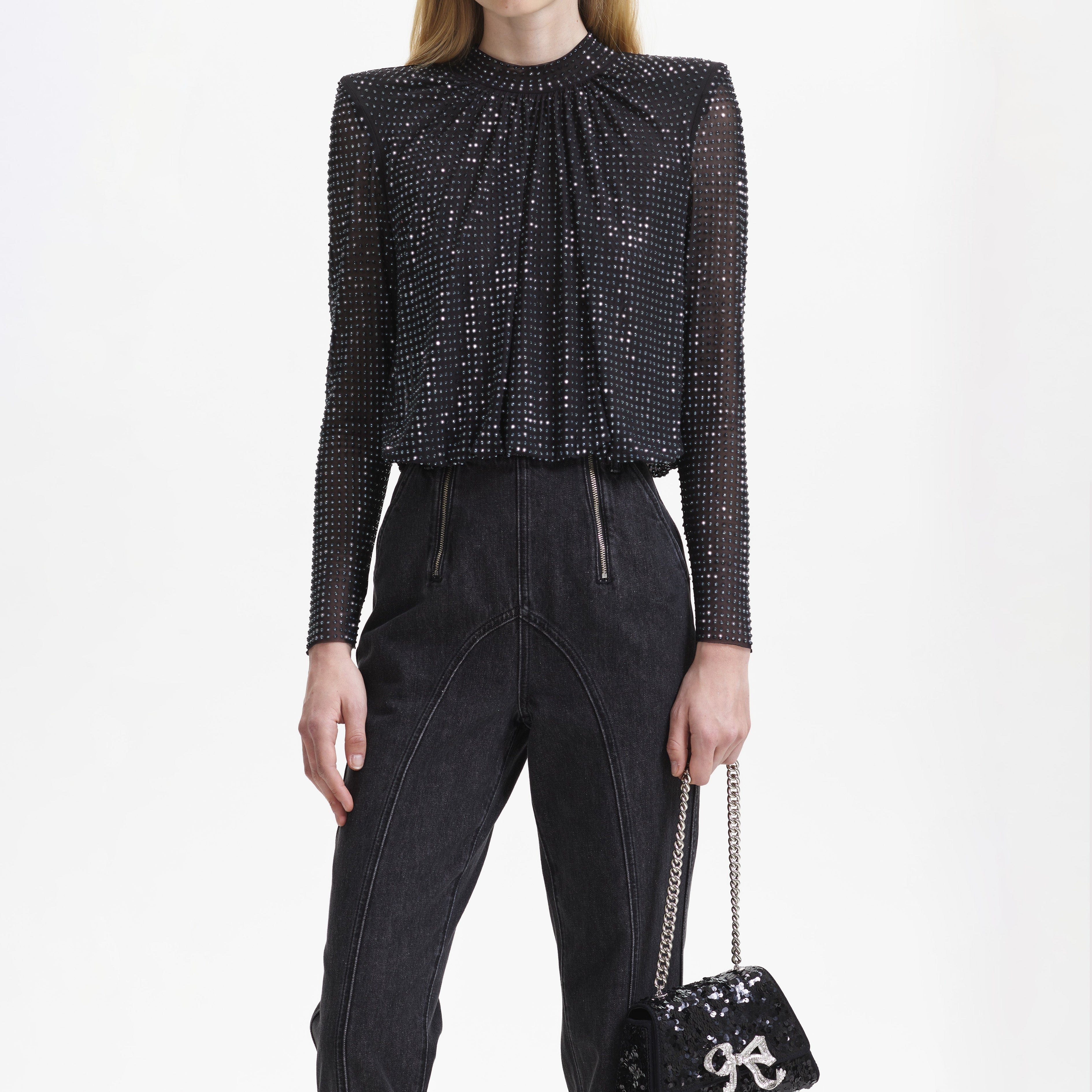 블랙 라인스톤 메쉬 탑