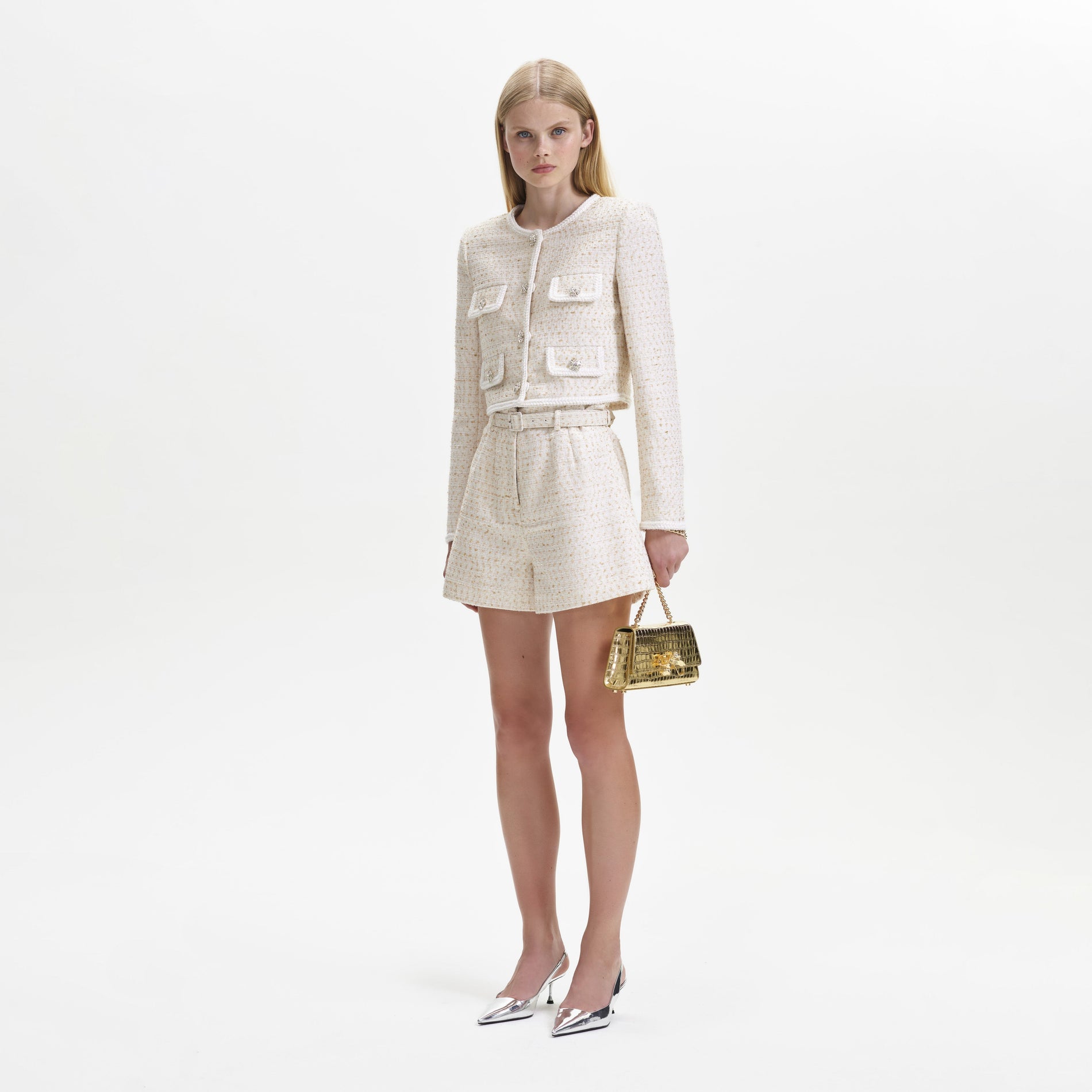 A woman wearing the Cream Boucle Short