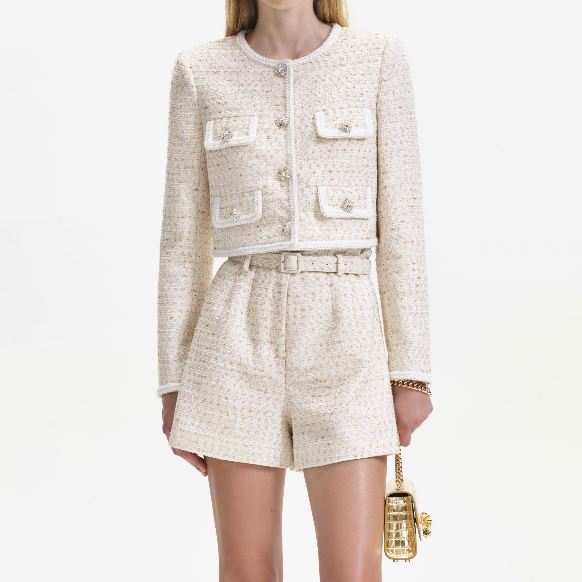 A close up of the fabric for the Cream Boucle Short