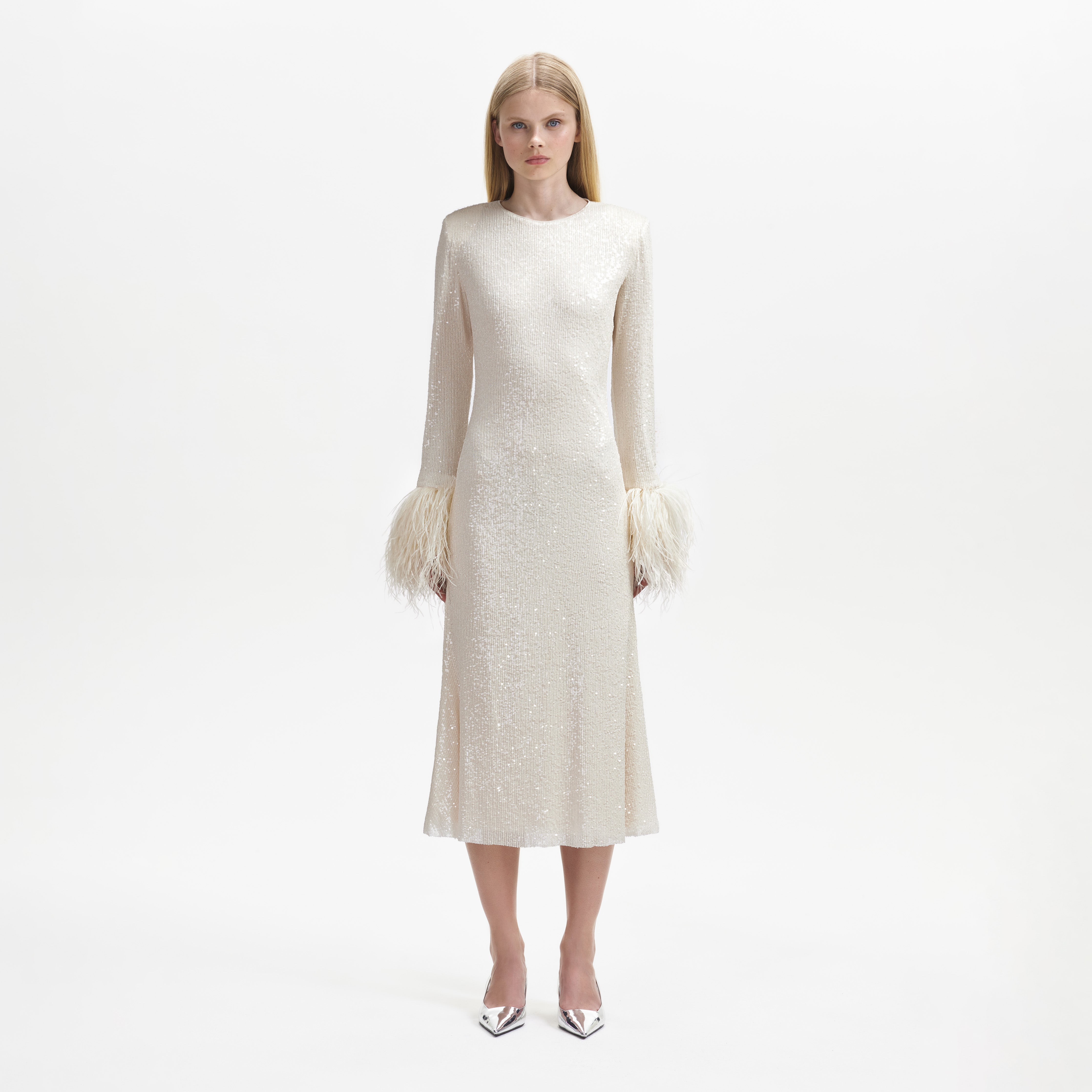 Cream Sequin Feather Midi Dress selfportrait