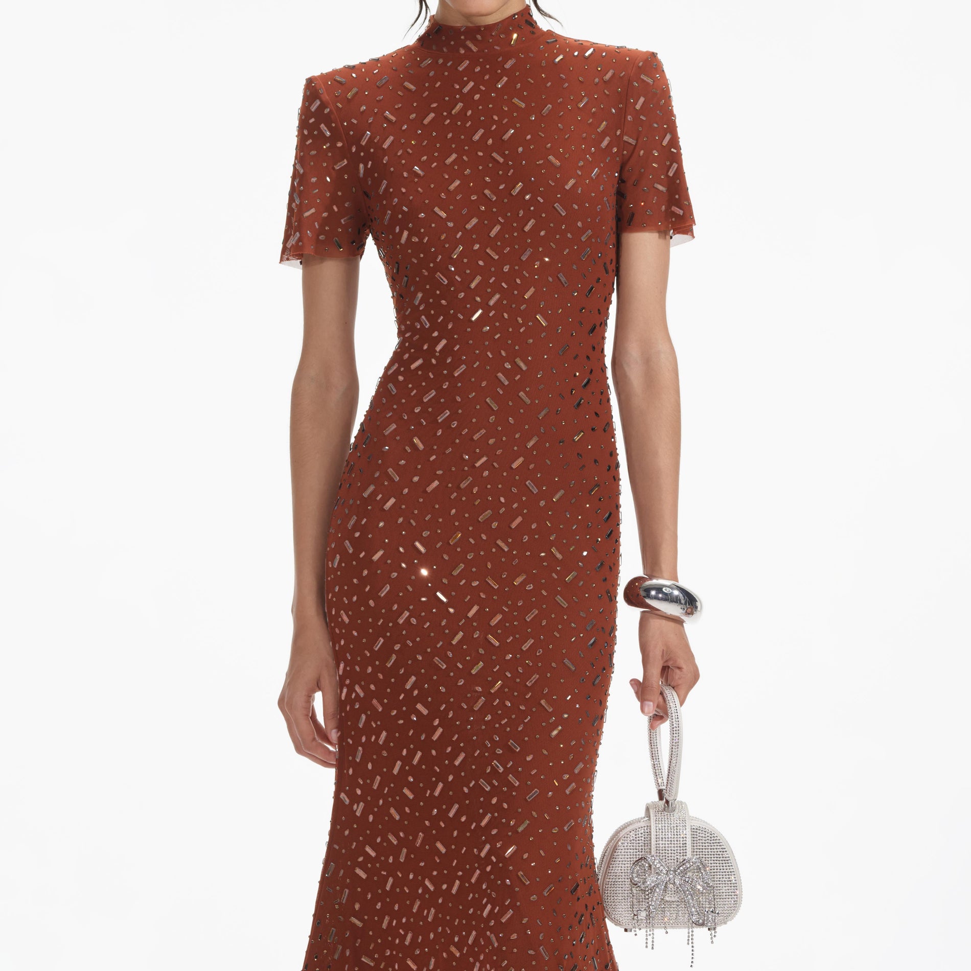 A close up of a woman wearing the Brown Square Rhinestone Mesh Midi Dress
