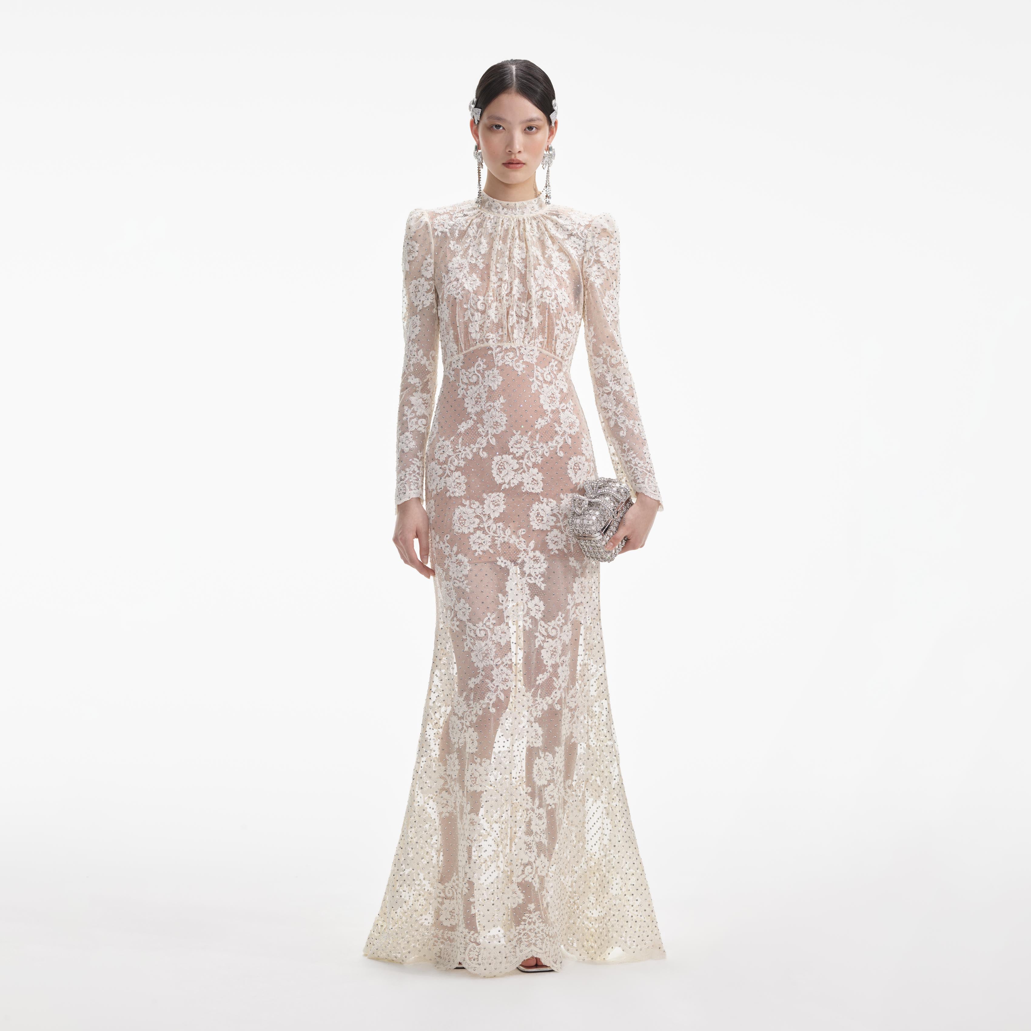 White Rhinestone Lace Maxi Dress – self-portrait - Main Image