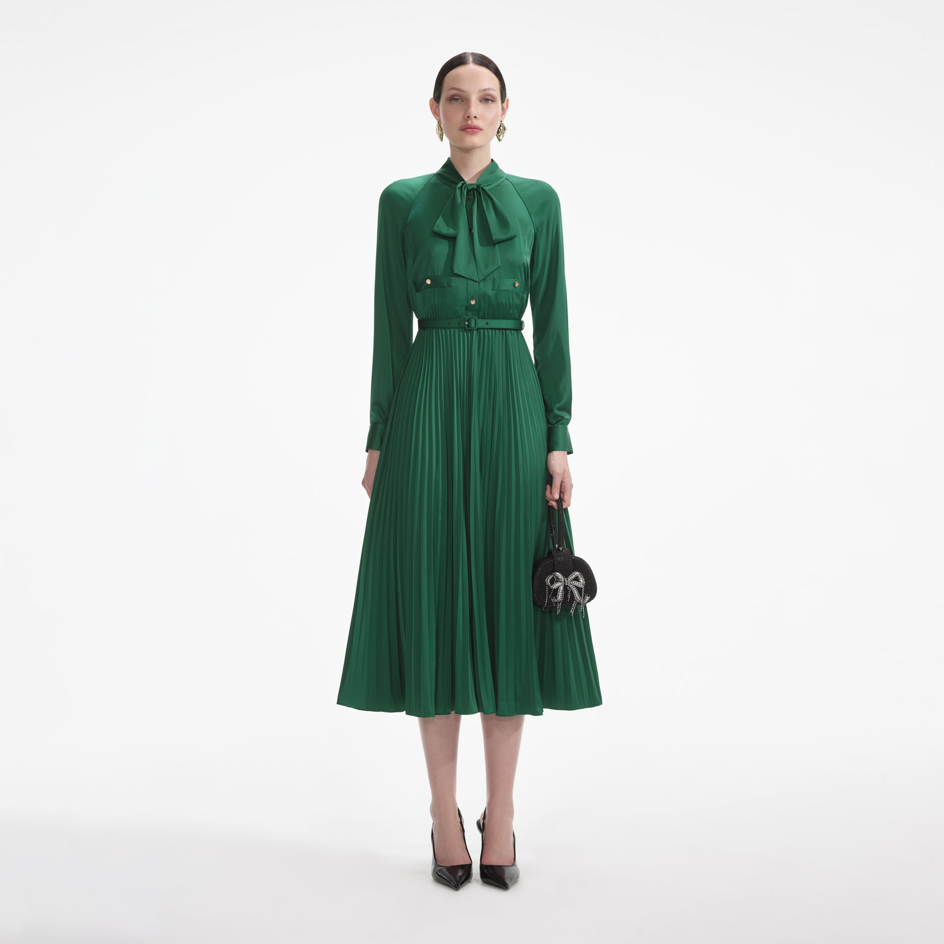 Front view of a woman wearing the Green Satin Midi Dress