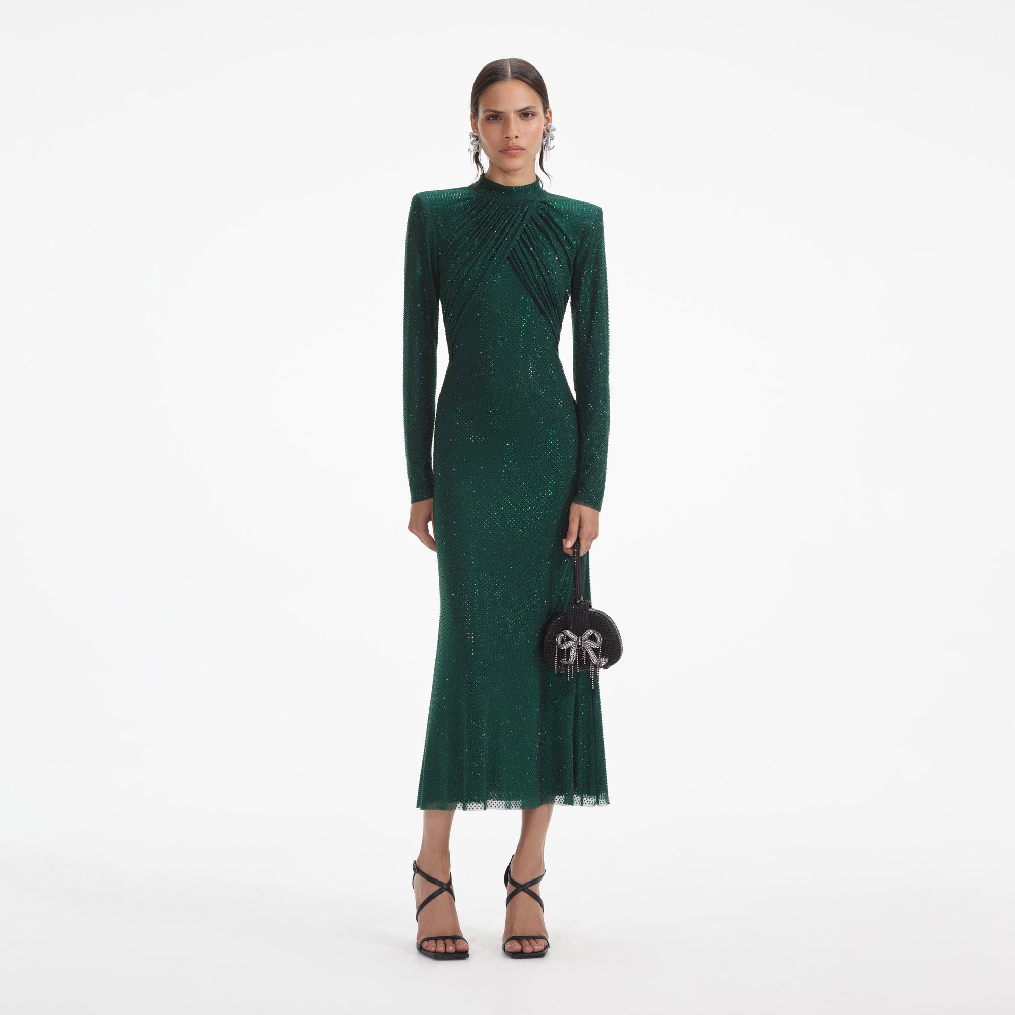 Front view of a woman wearing the Green Rhinestone Mesh Midi Dress