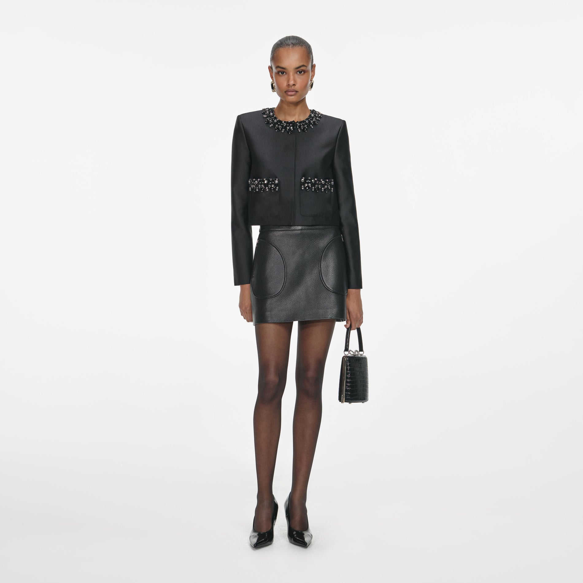 Black Taffeta Embellished Trim Jacket