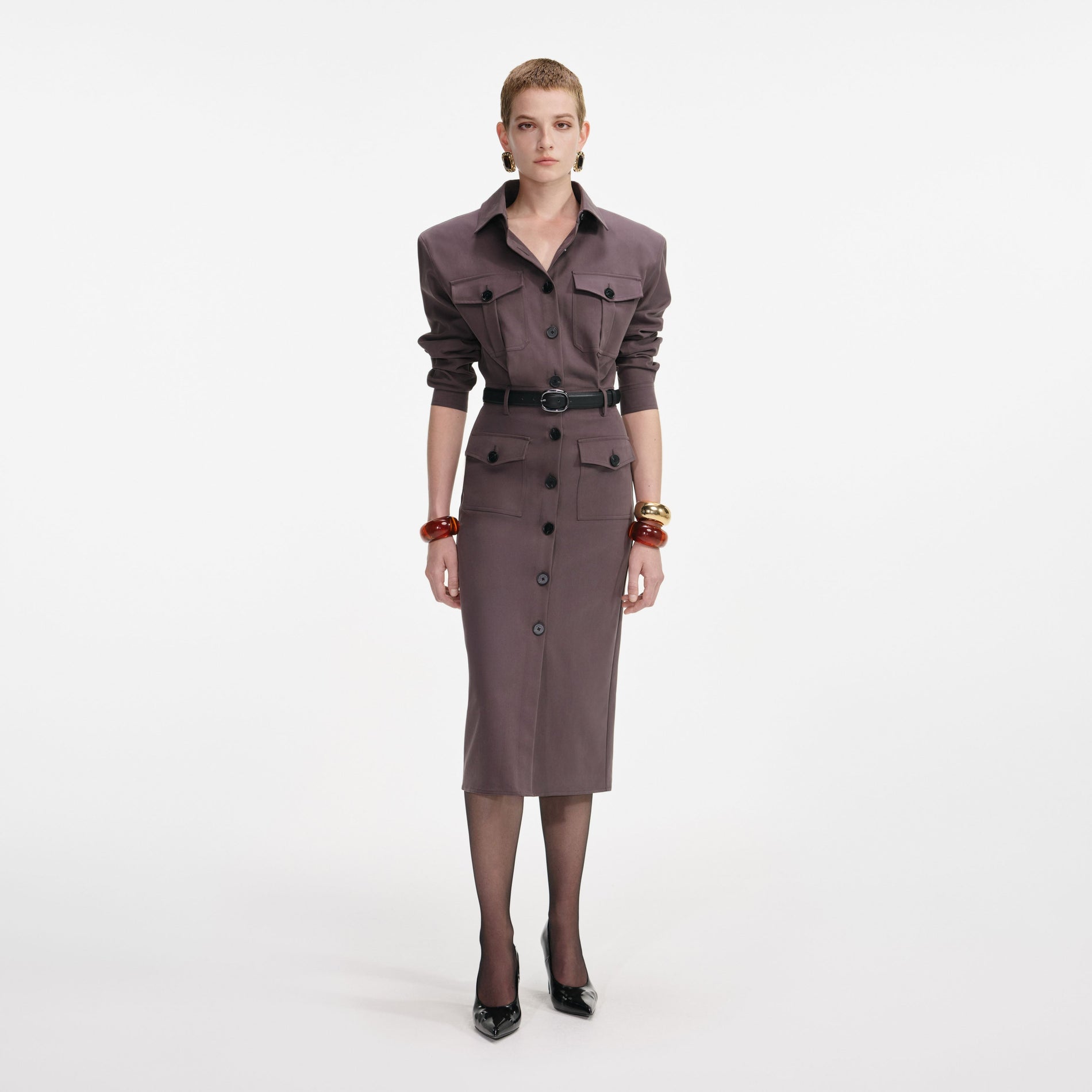 Brown Cotton Belted Midi Dress