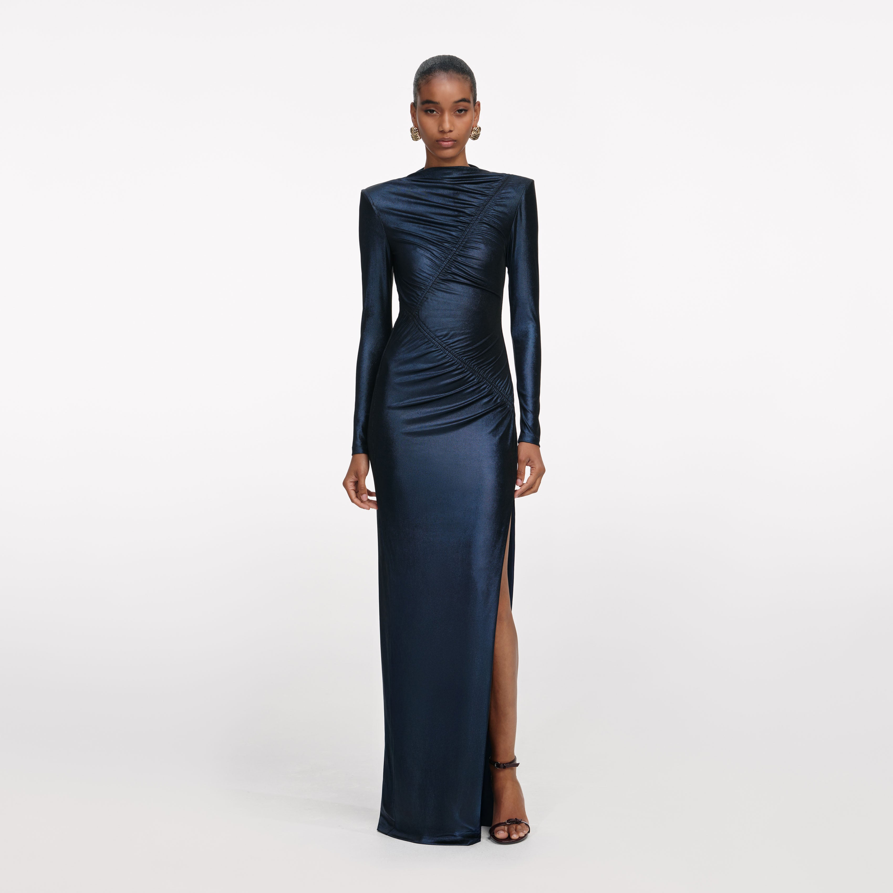 Navy Metallic Gathered Maxi Dress self-portrait Navy Metallic Gathered Maxi Dress self-portrait
