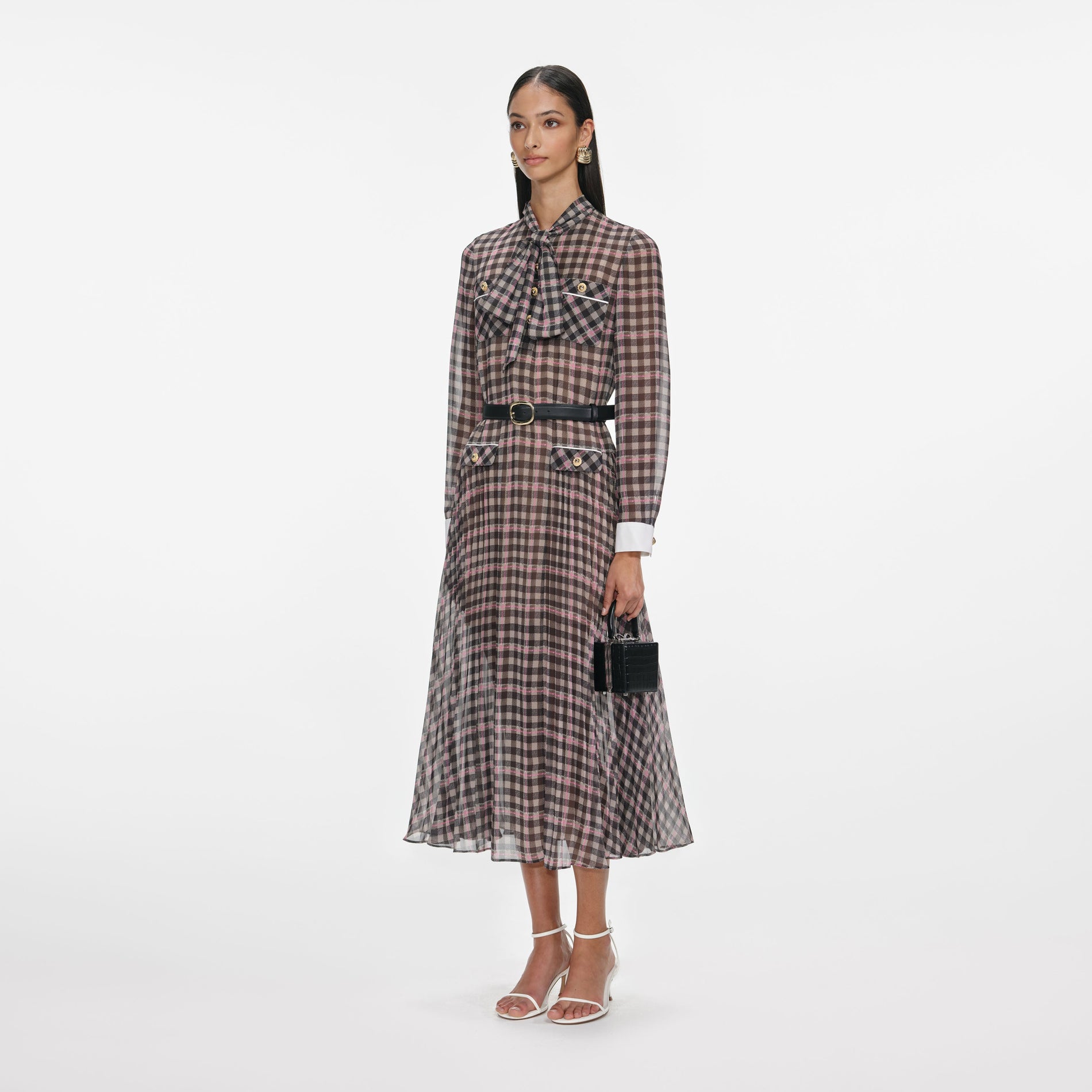 Brown Check Chiffon Midi Dress