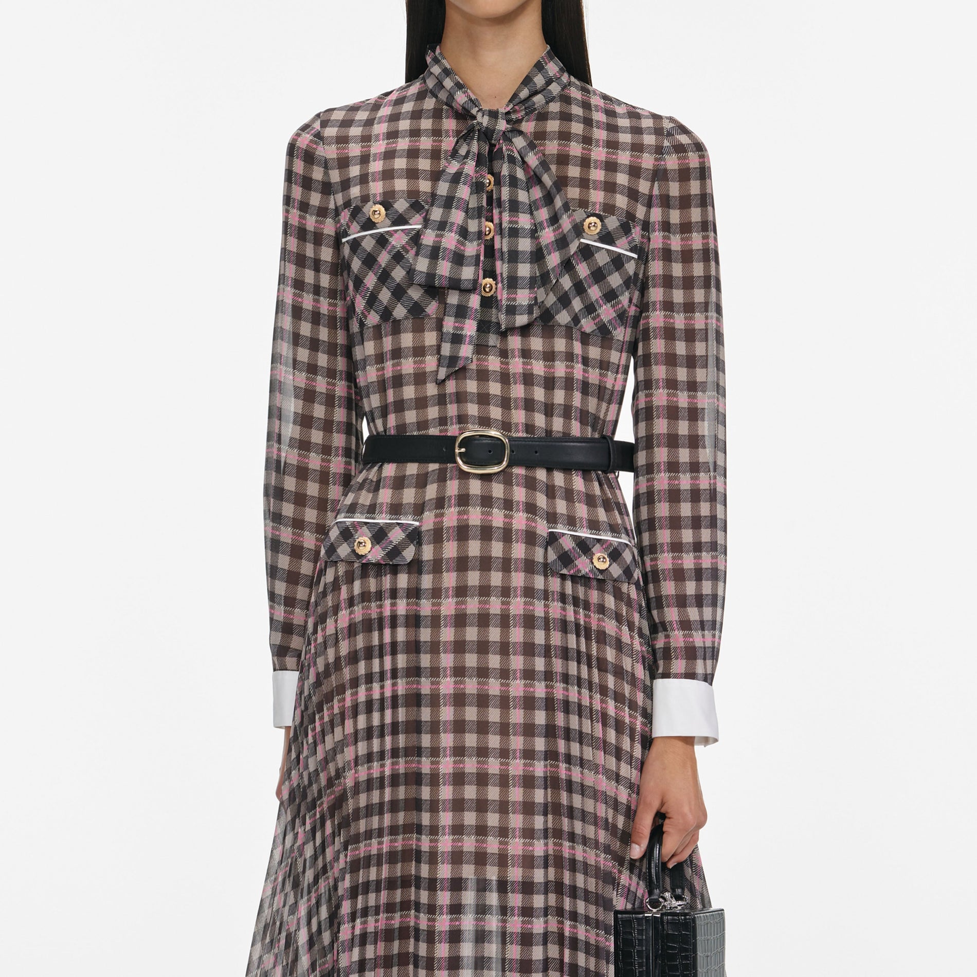 Brown Check Chiffon Midi Dress
