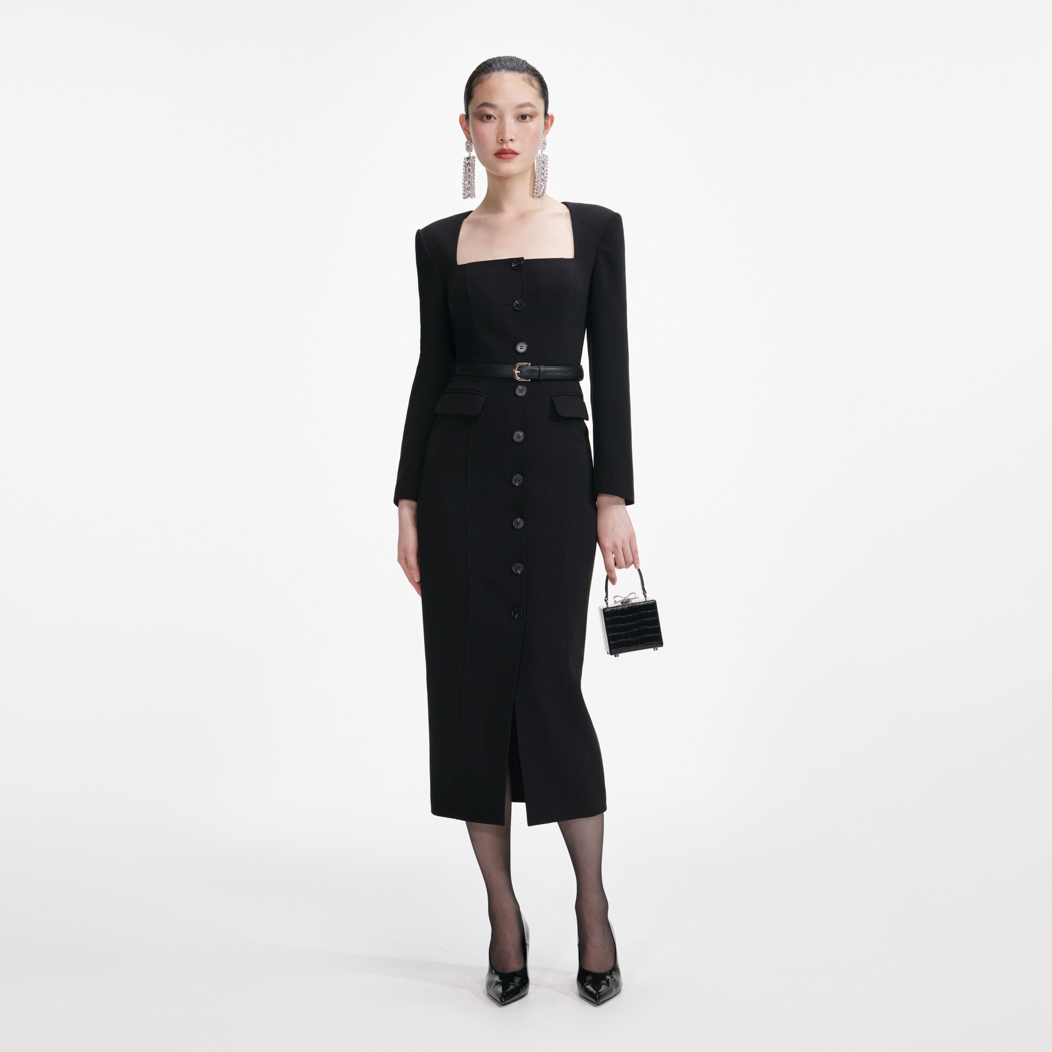 Black Tailored Crepe Midi Dress self-portrait Black Tailored Crepe Midi Dress self-portrait