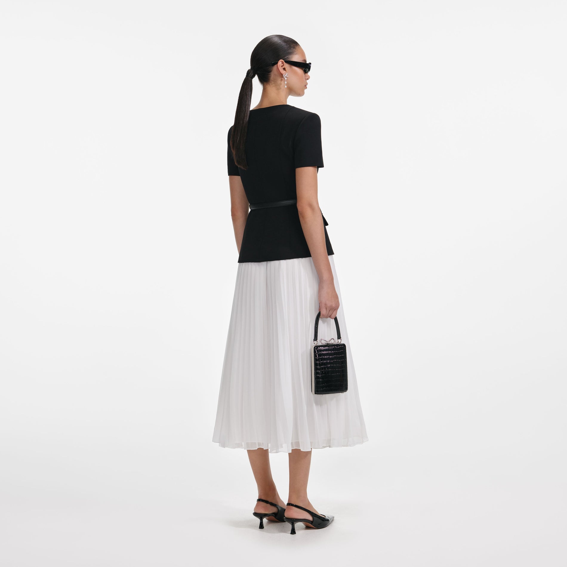 Black Tailored Contrast Chiffon Midi Dress