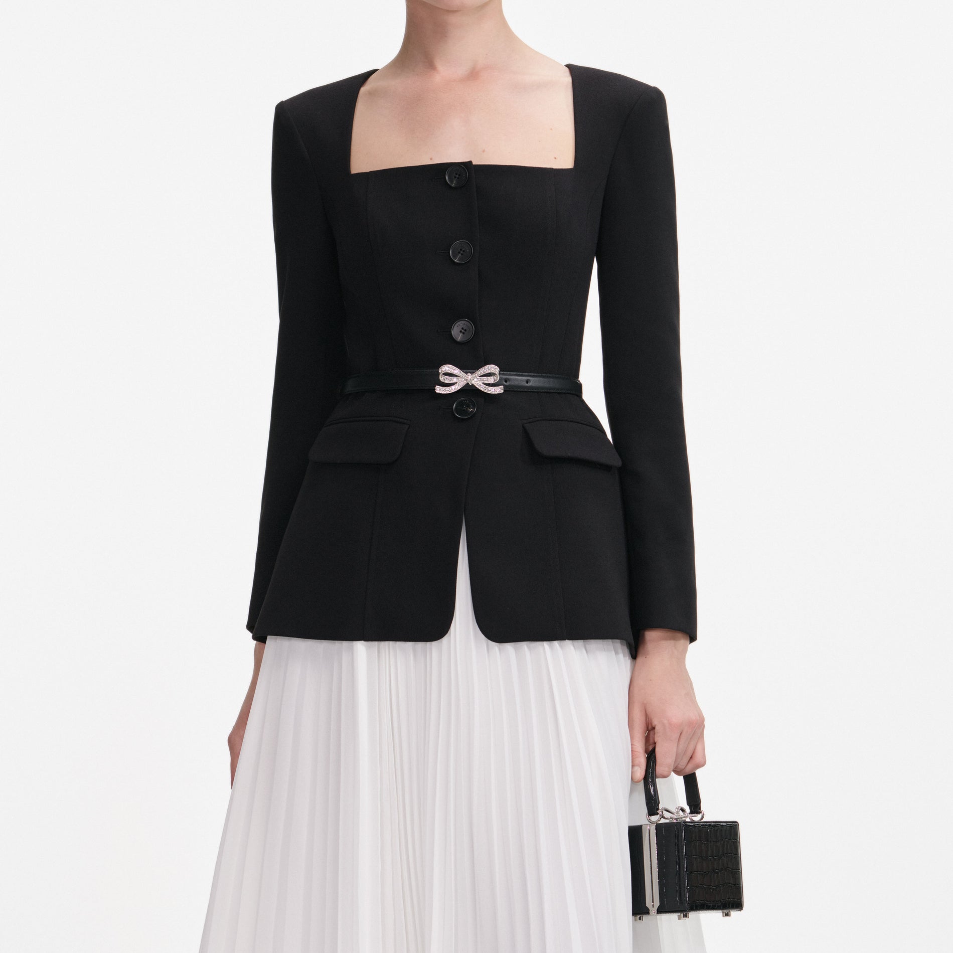 A close up of a woman wearing the Black Long Sleeve Contrast Chiffon Midi Dress