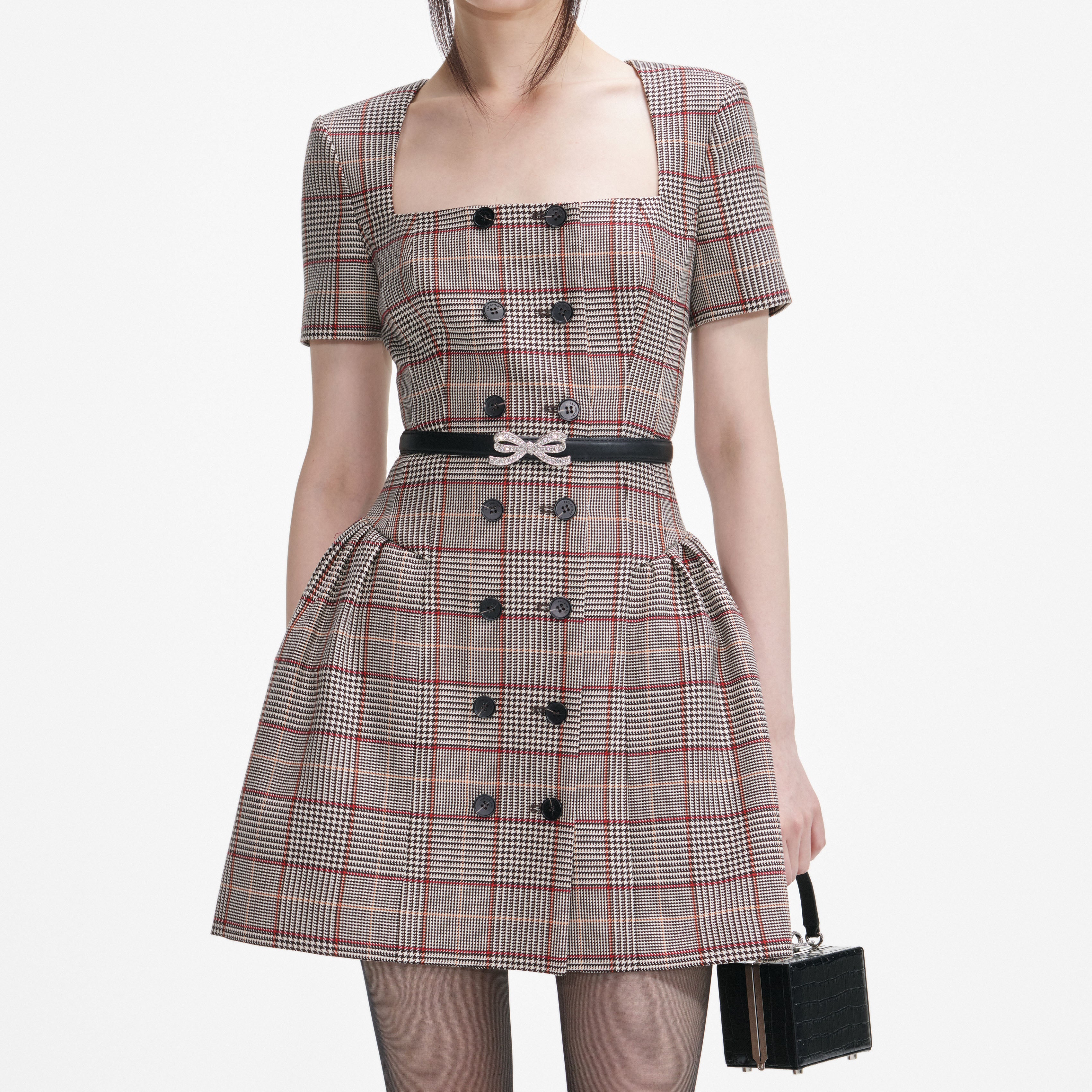 Brown Check Short Sleeve Mini Dress