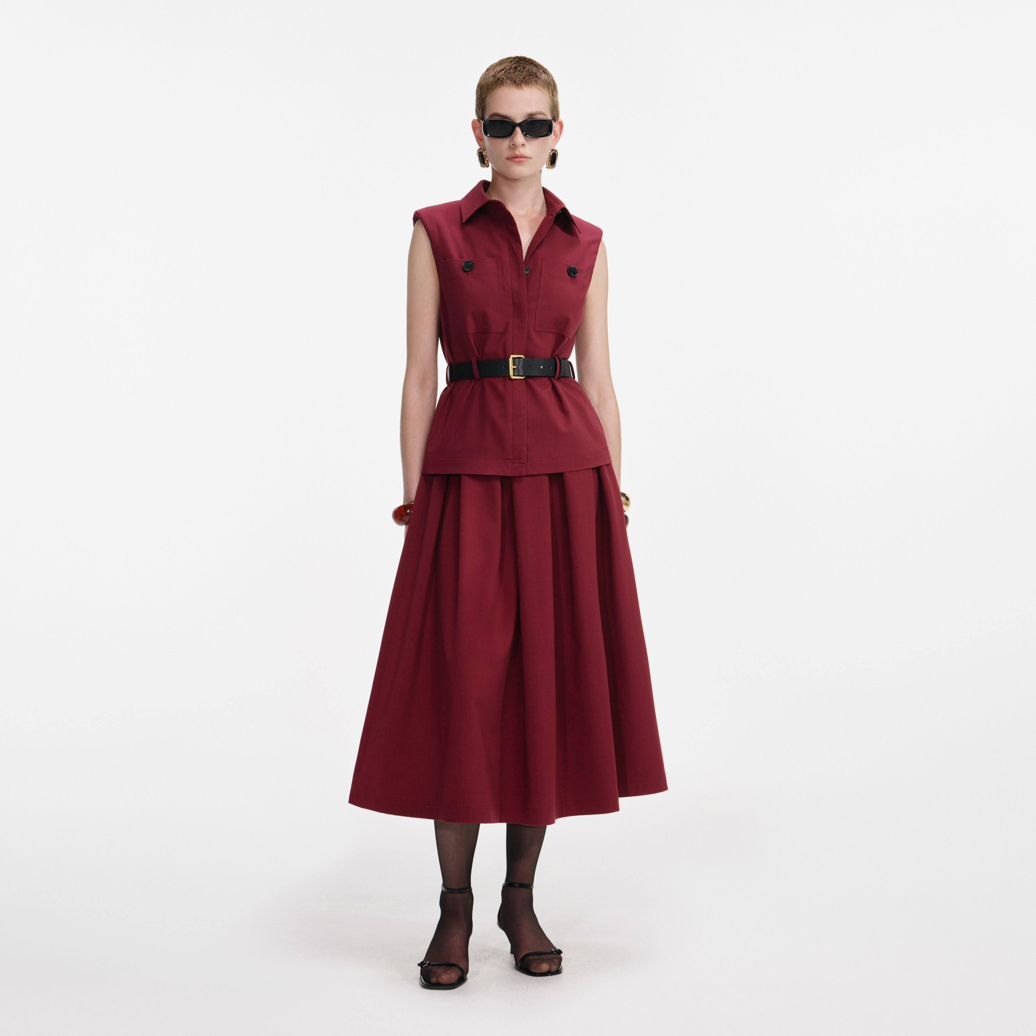 Burgundy Twill Belted Midi Dress self-portrait Burgundy Twill Belted Midi Dress self-portrait