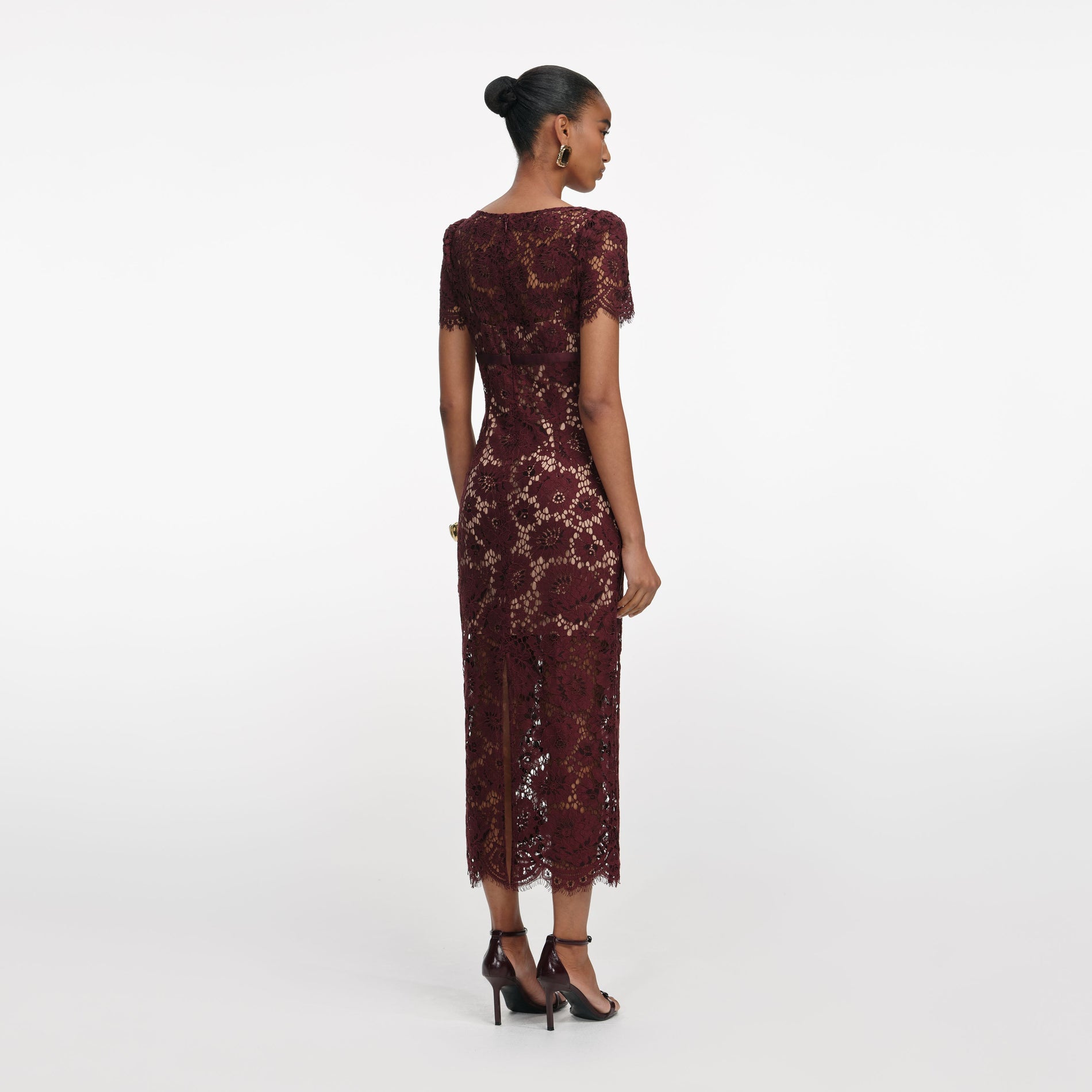 Burgundy Floral Lace Midi Dress