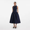 Navy Belted Twill Midi Dress