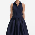 Navy Belted Twill Midi Dress