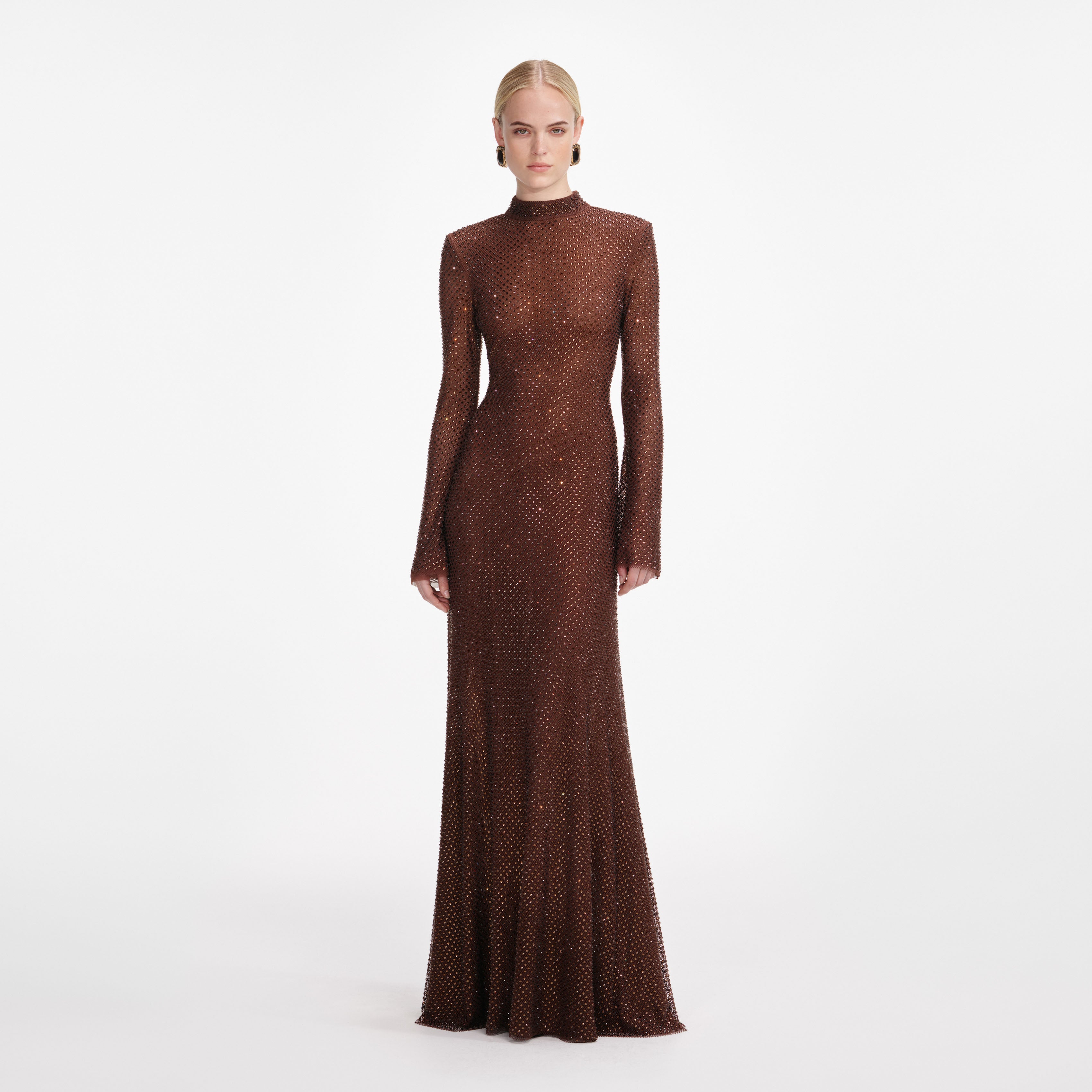 Brown Rhinestone Mesh Maxi Dress self-portrait Brown Rhinestone Mesh Maxi Dress self-portrait