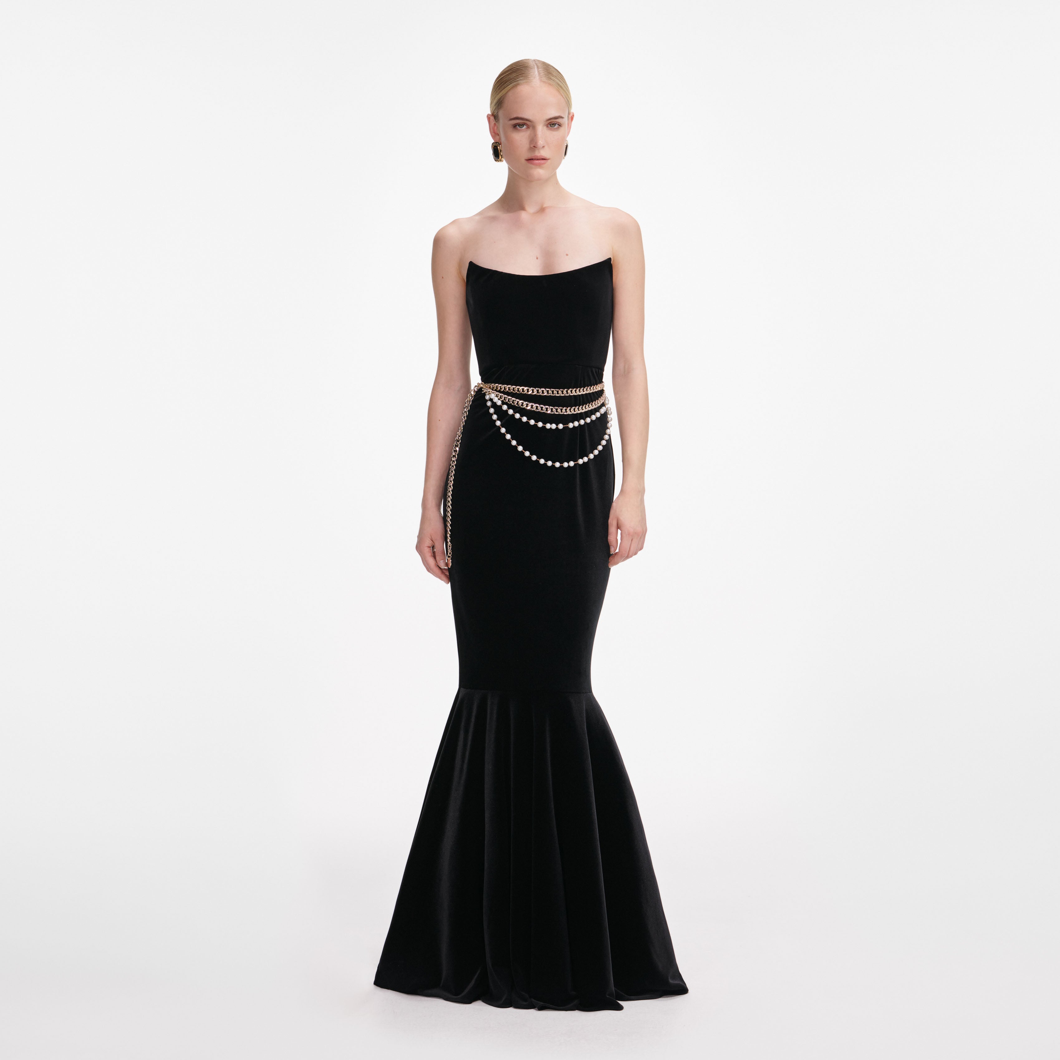 Black Velvet Chain Belt Maxi Dress self-portrait Black Velvet Chain Belt Maxi Dress self-portrait