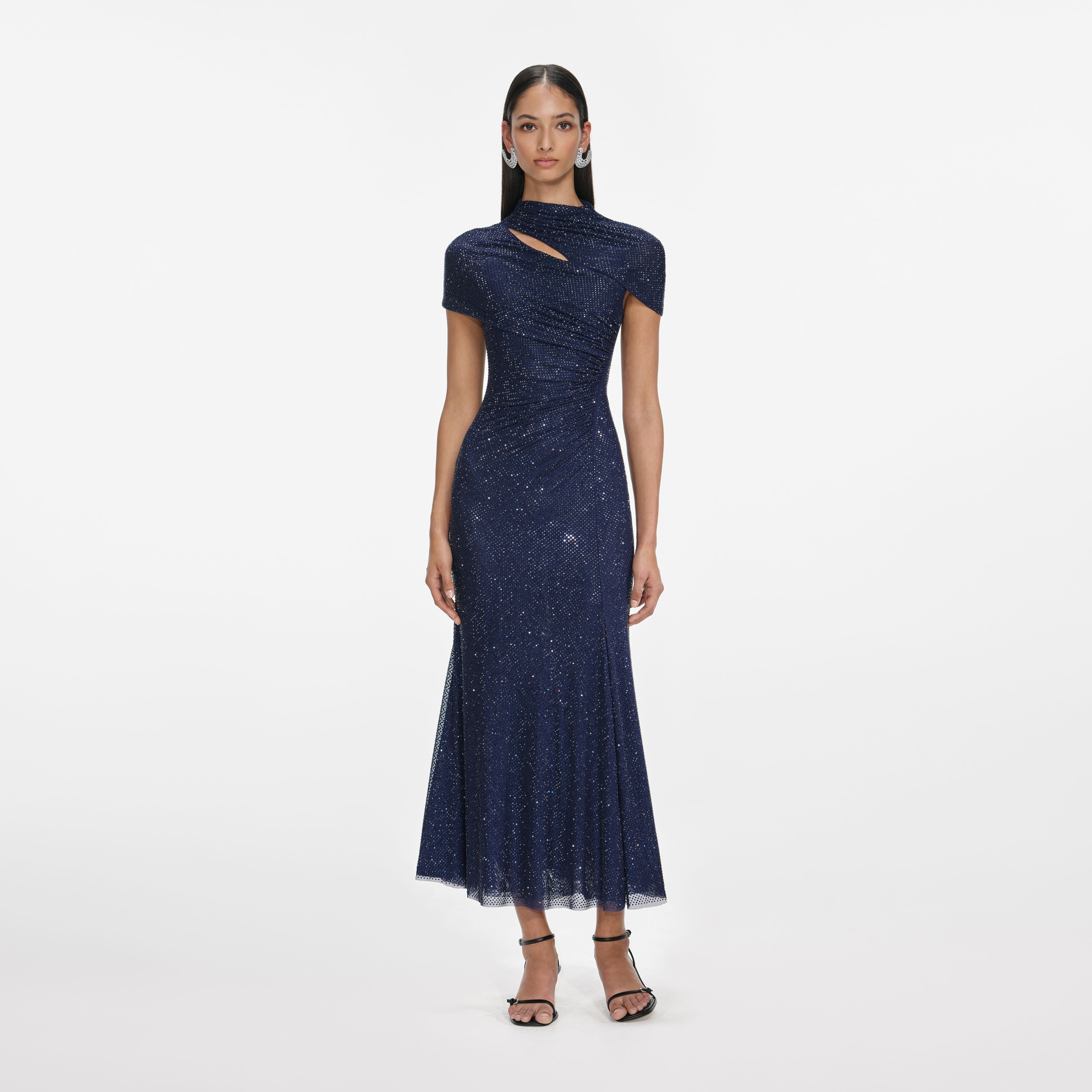 self-portrait rhinestone-embellished mesh midi dress self-portrait - Brown Square Rhinestone Mesh Midi Dress