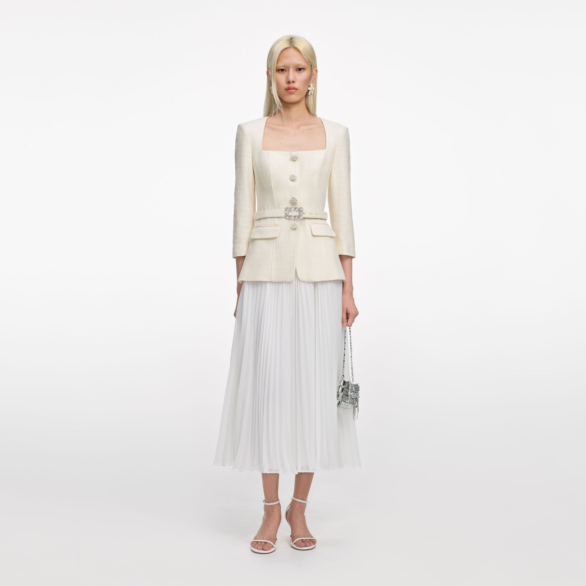 Cream Boucle Long Sleeve Chiffon Midi Dress