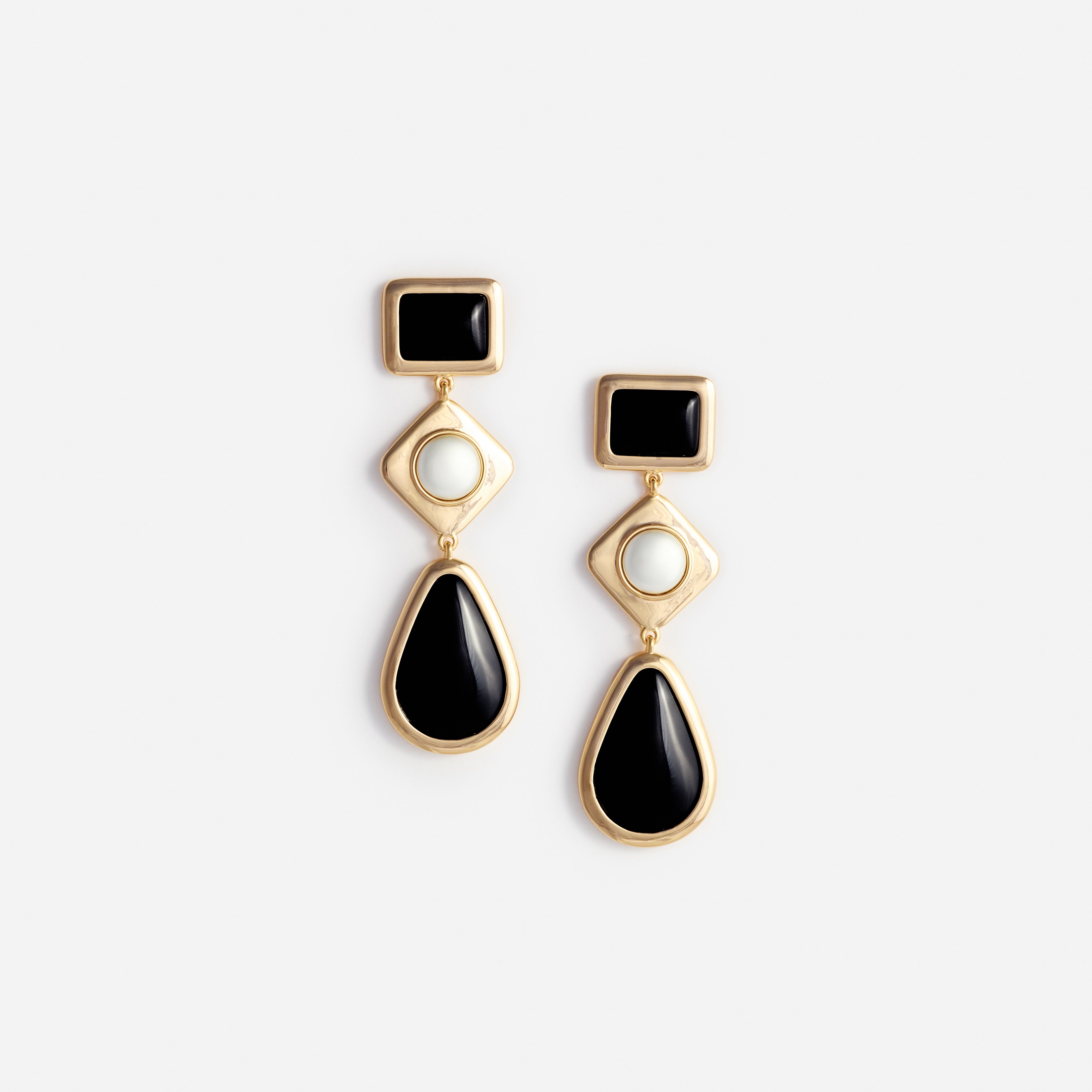 Black Enamel Gold Three Tiered Earrings