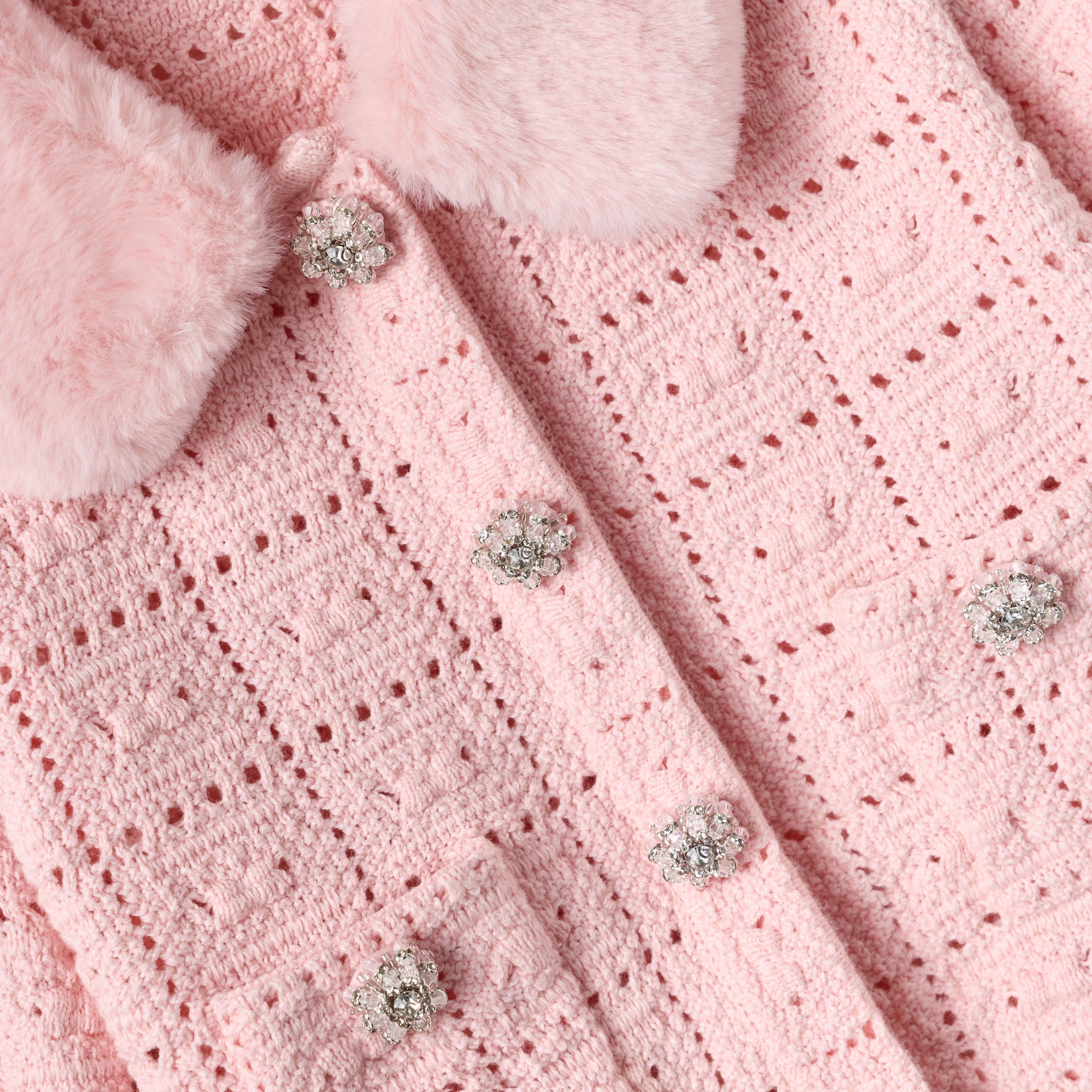 Pink Textured Knit Fur Cardigan