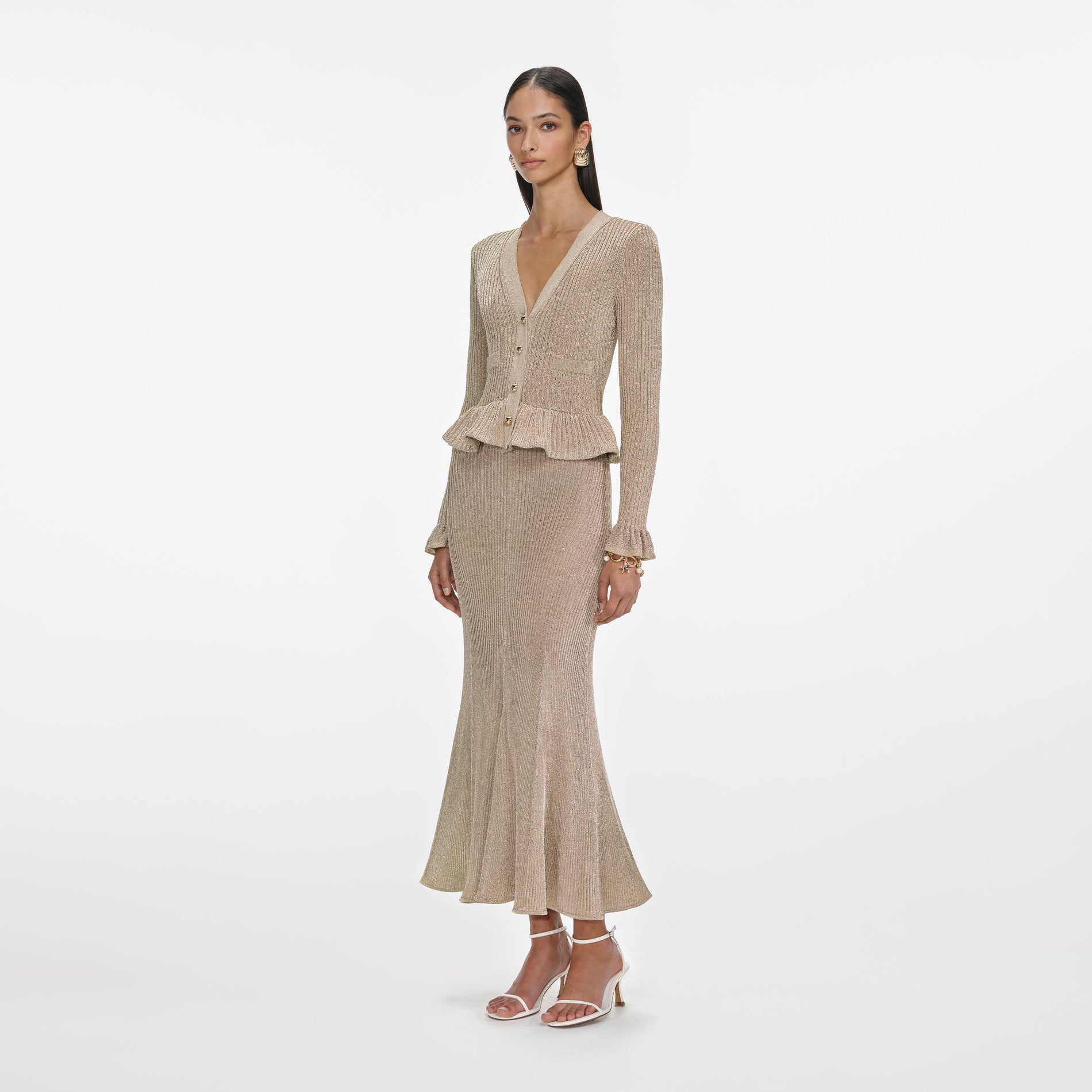 Gold Lurex Peplum Knit Midi Dress