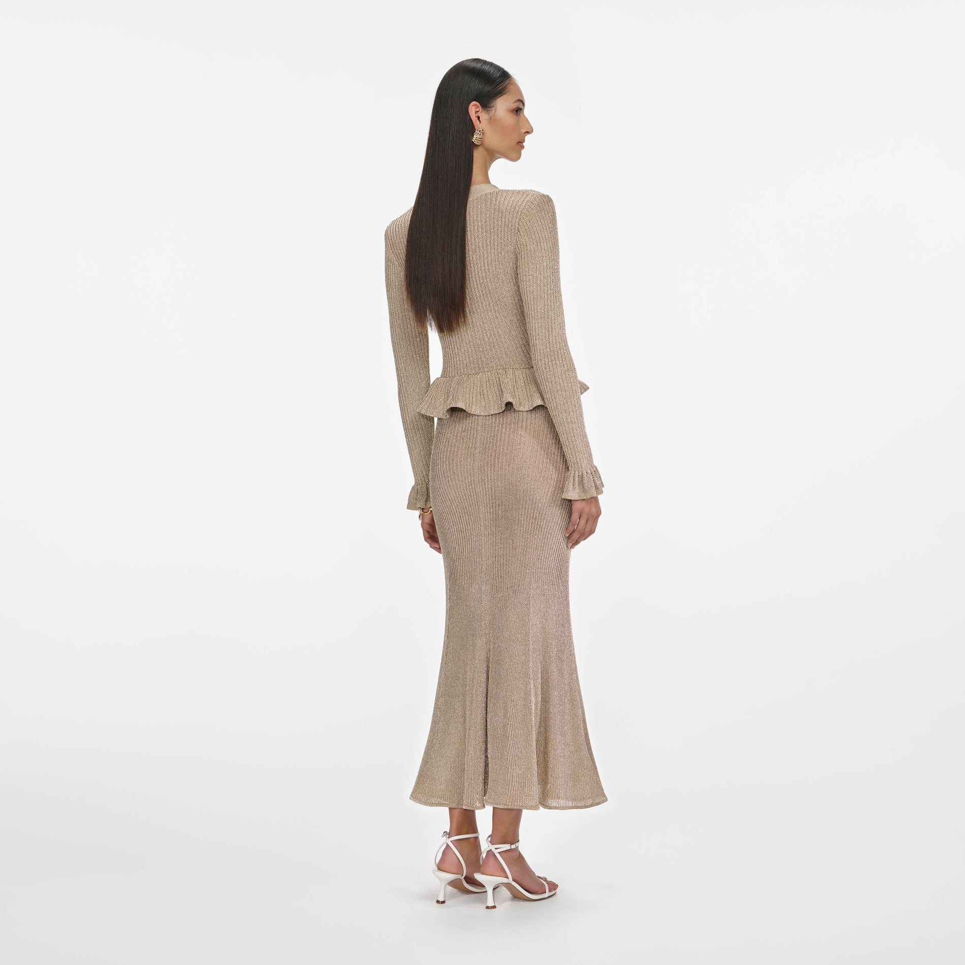 Gold Lurex Peplum Knit Midi Dress