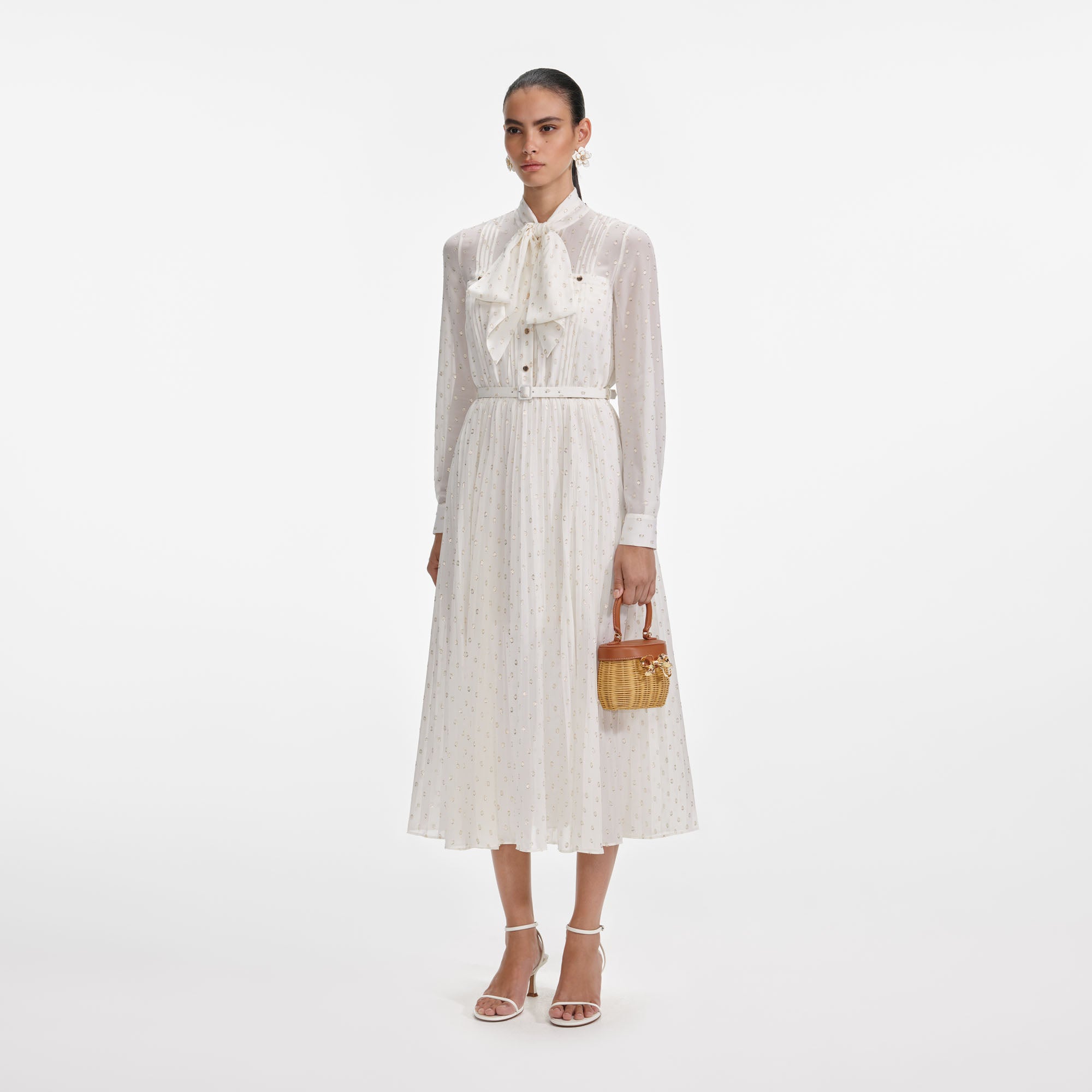 Cream And Gold Tie Neck Midi Dress