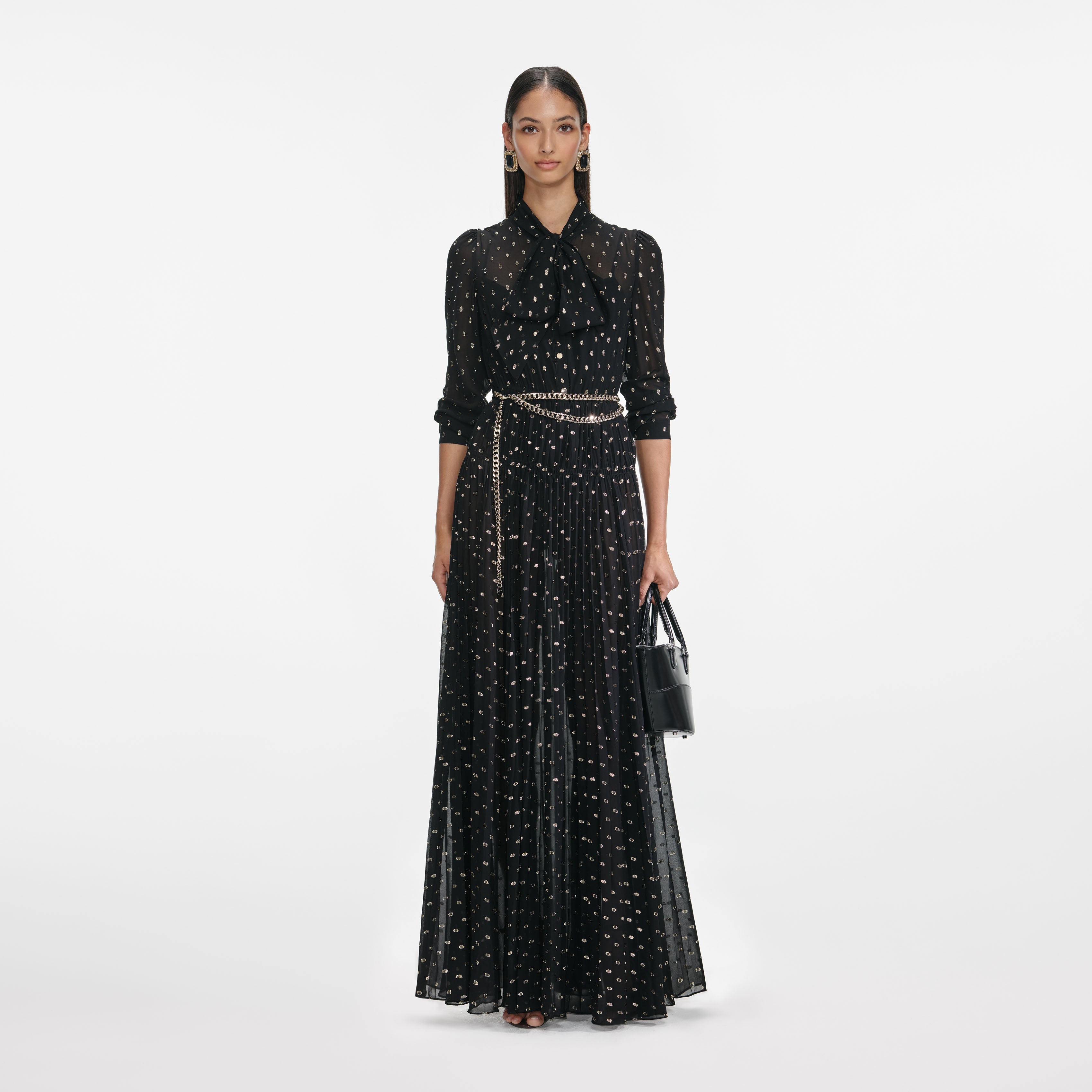 Black And Gold Tie Neck Maxi Dress self-portrait Black And Gold Tie Neck Maxi Dress self-portrait