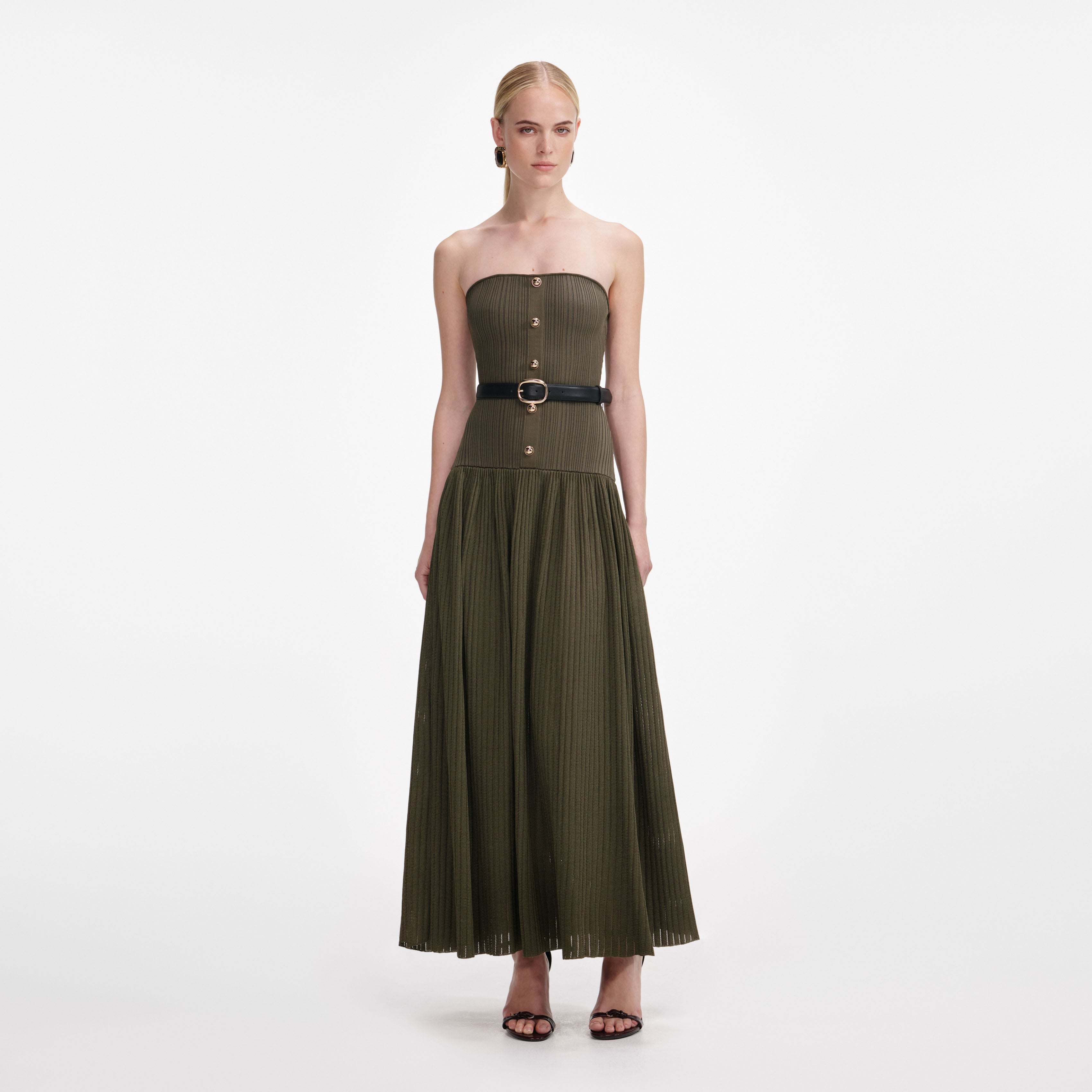Khaki Bandeau Knit Midi Dress self-portrait Khaki Bandeau Knit Midi Dress self-portrait