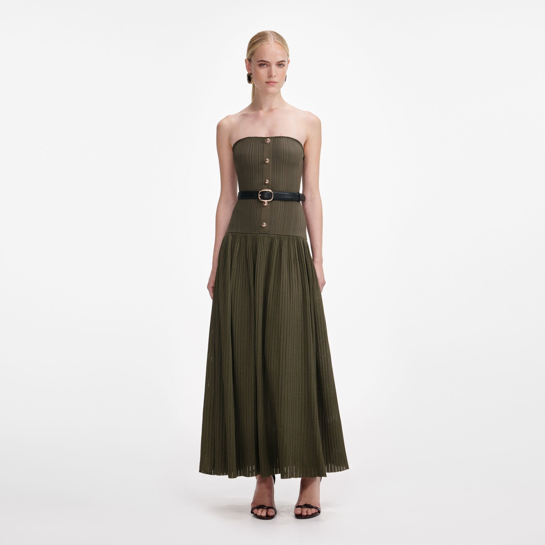 Front view of a woman wearing the Khaki Bandeau Knit Midi Dress