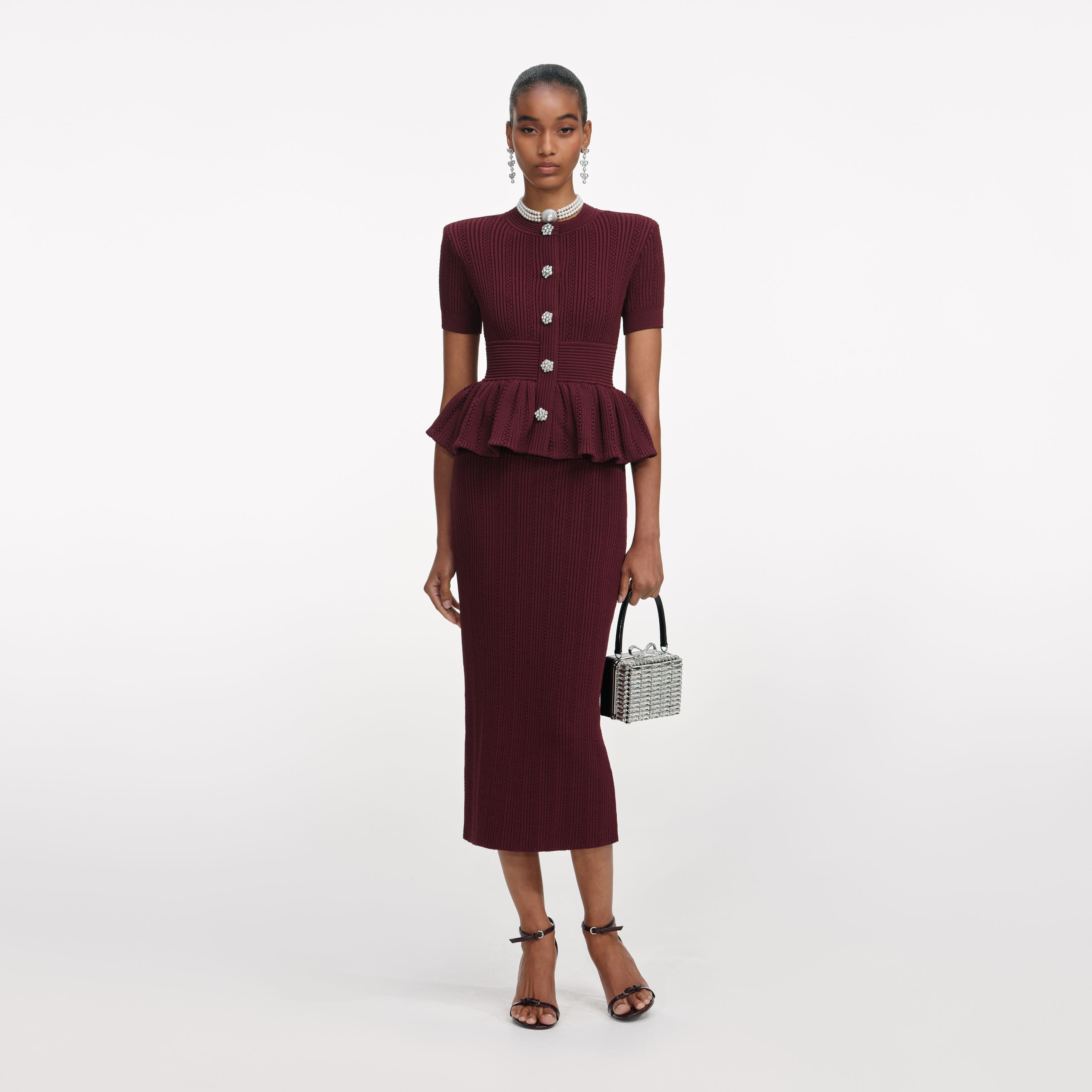 Burgundy Pointelle Knit Midi Dress self-portrait Burgundy Pointelle Knit Midi Dress self-portrait