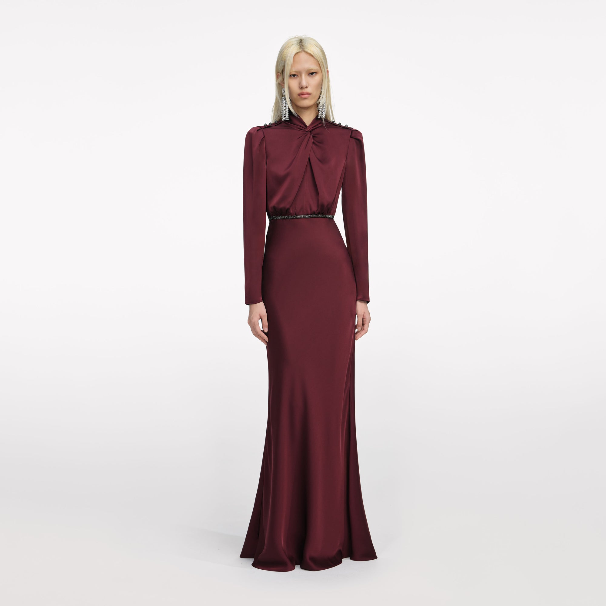 Front view of a woman wearing the Burgundy Satin Maxi Dress
