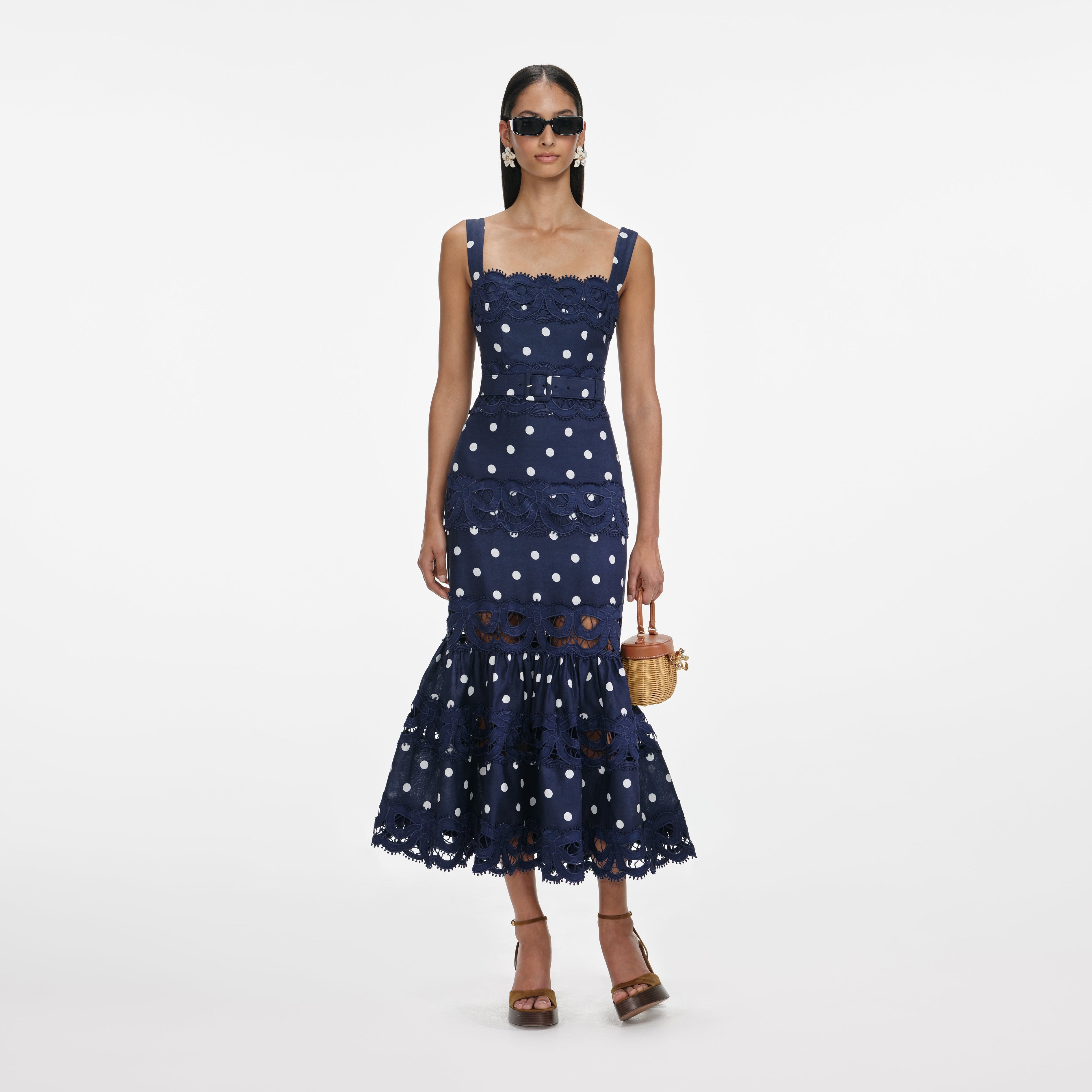 Navy Polka Dot Linen Midi Dress