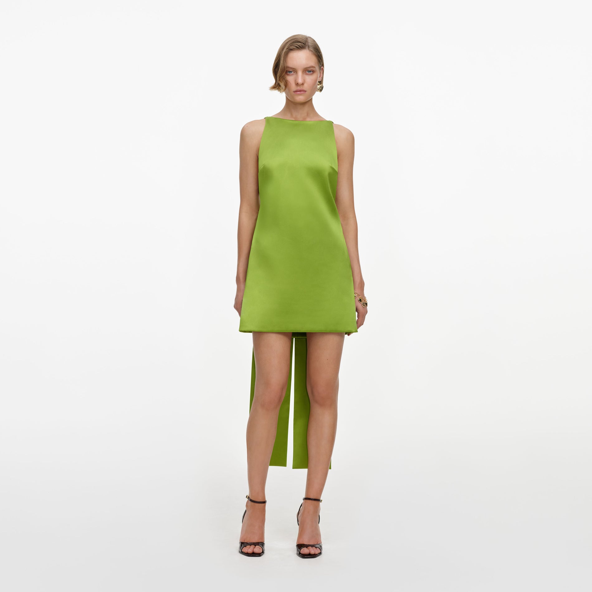 Green Satin Bow Mini Dress