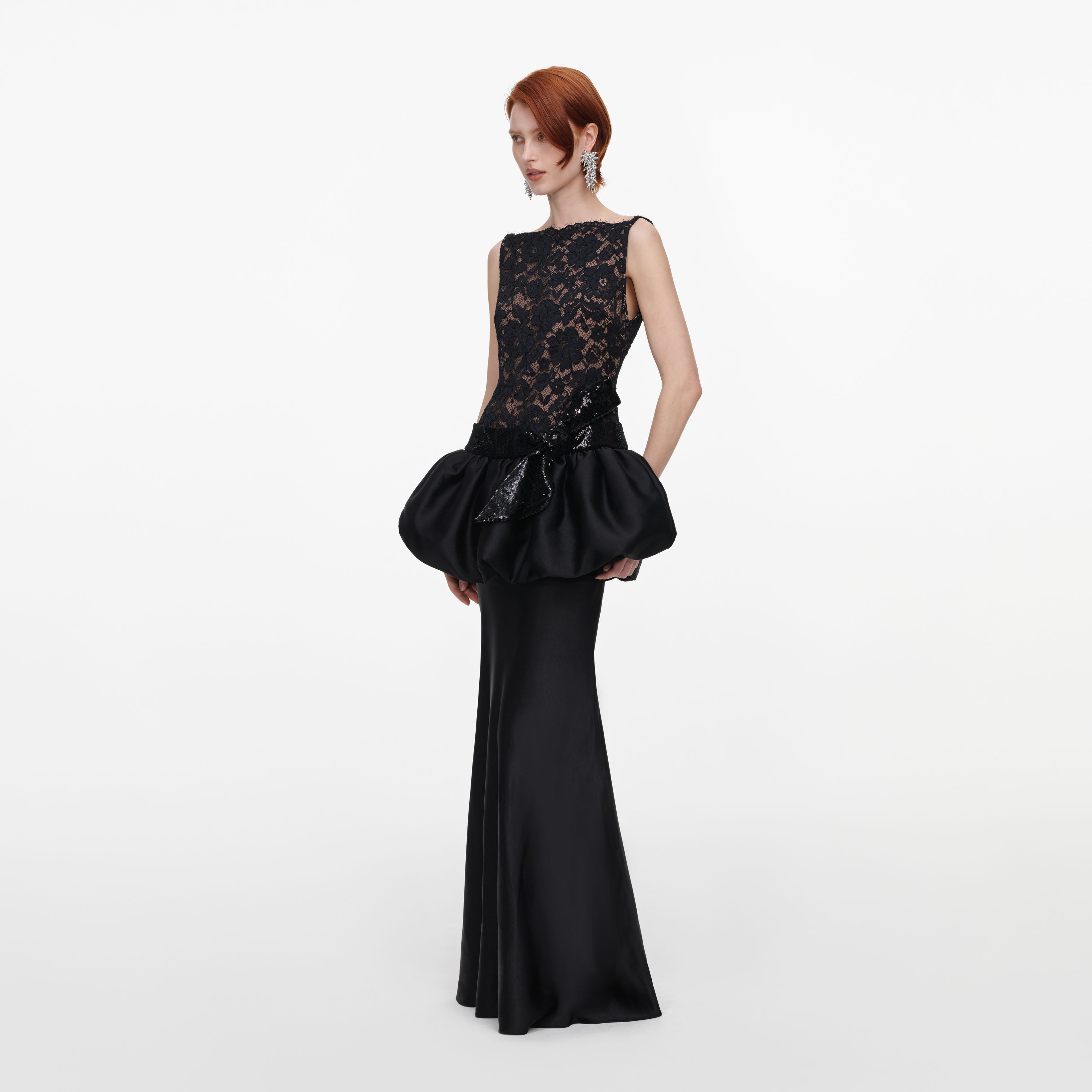 Black Lace Bubble Peplum Maxi Dress