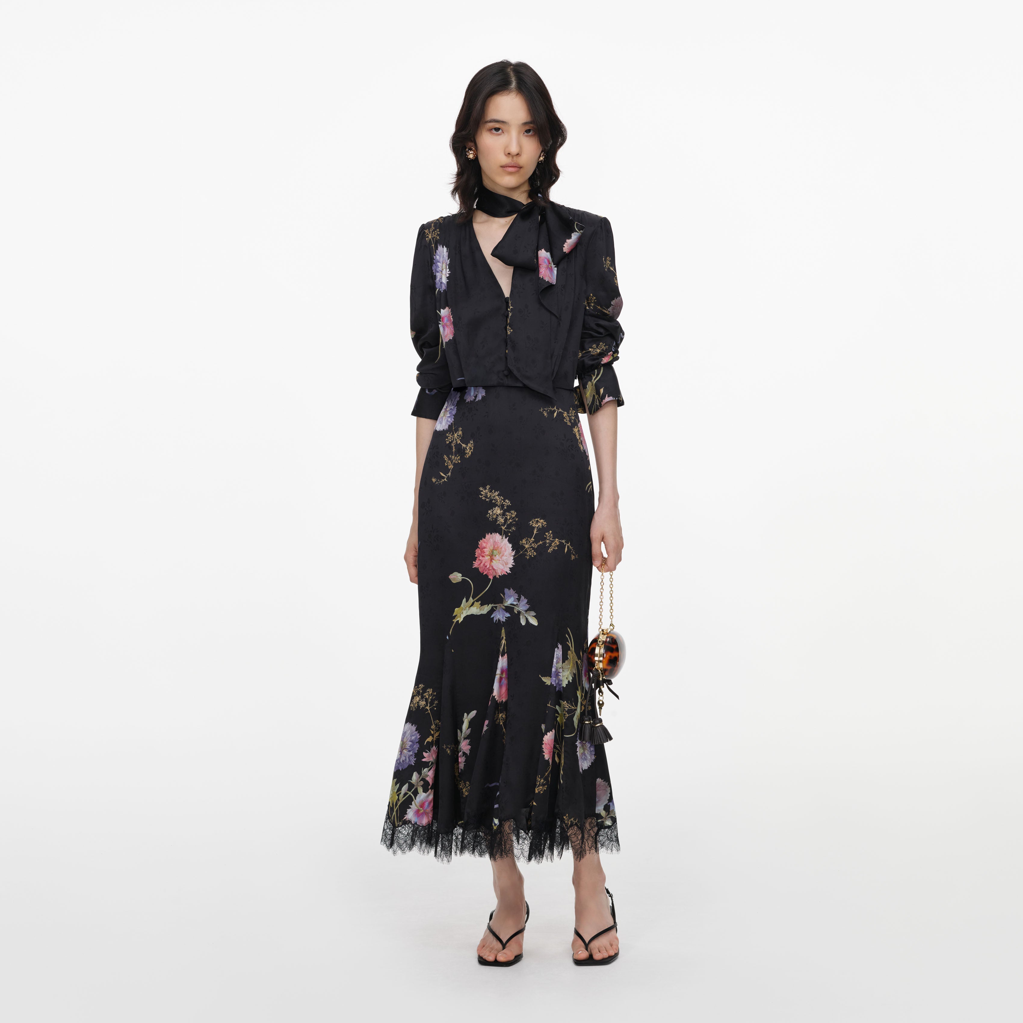 Black Satin Floral Printed Midi Dress