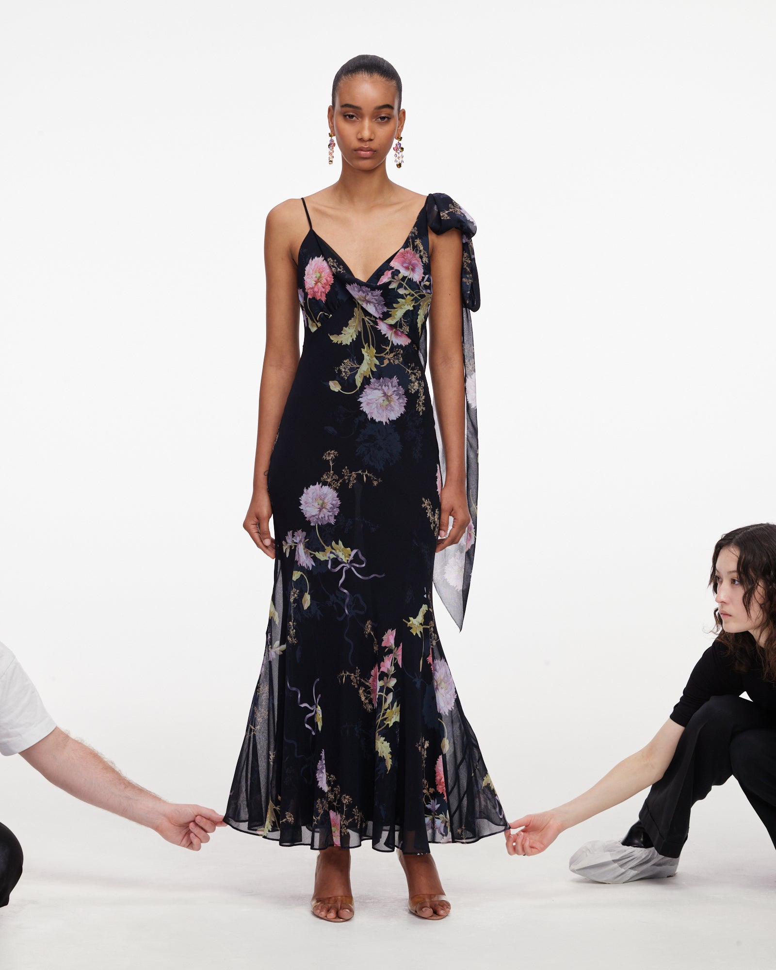 black maxi feather dress Black Jersey Long Sleeve High Neck Feather Gown