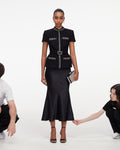 Black Boucle Crystal Trim Satin Midi Dress