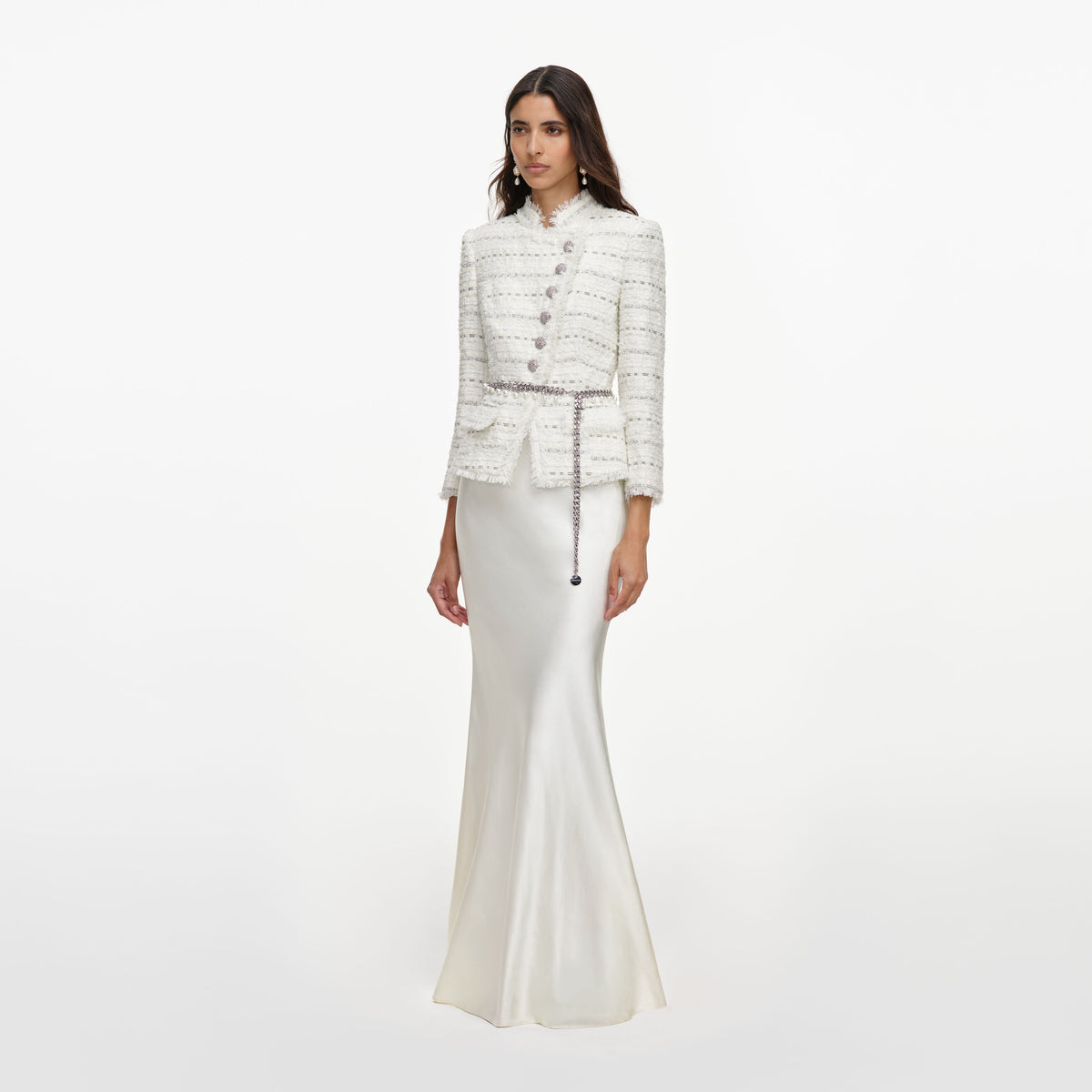 White Boucle Satin Maxi Dress