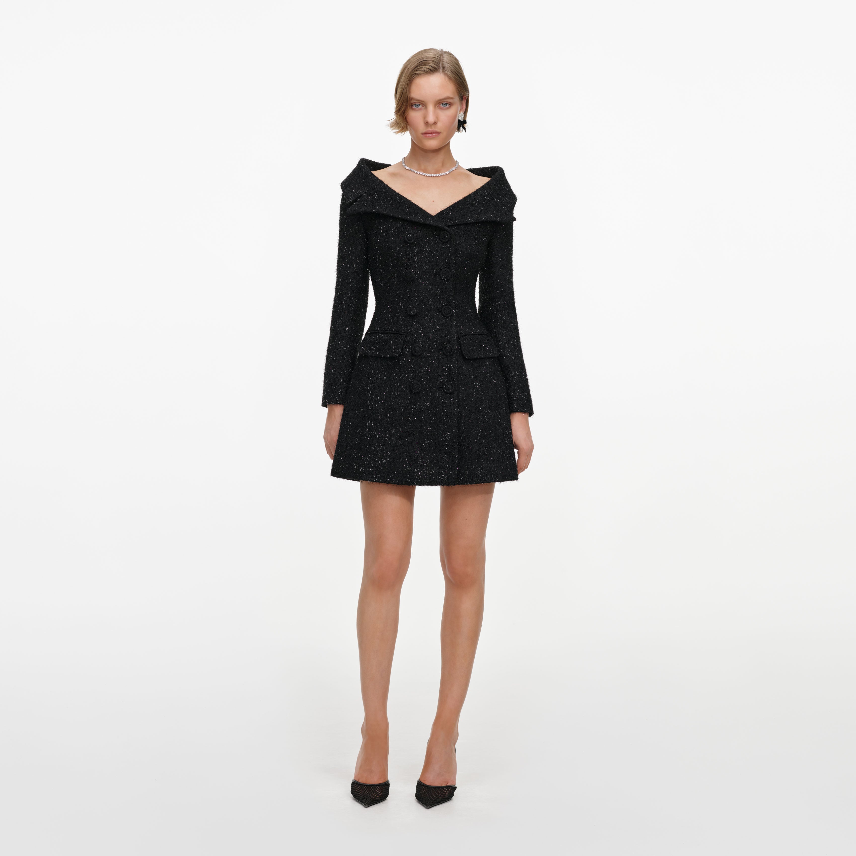 self portrait black boucle mini dress Black Boucle Collared Mini Dress self-portrait-US